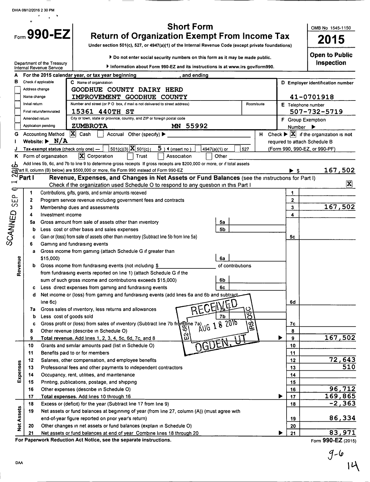 Image of first page of 2015 Form 990EO for Goodhue County Dairy Herd Improvement Goodhue County