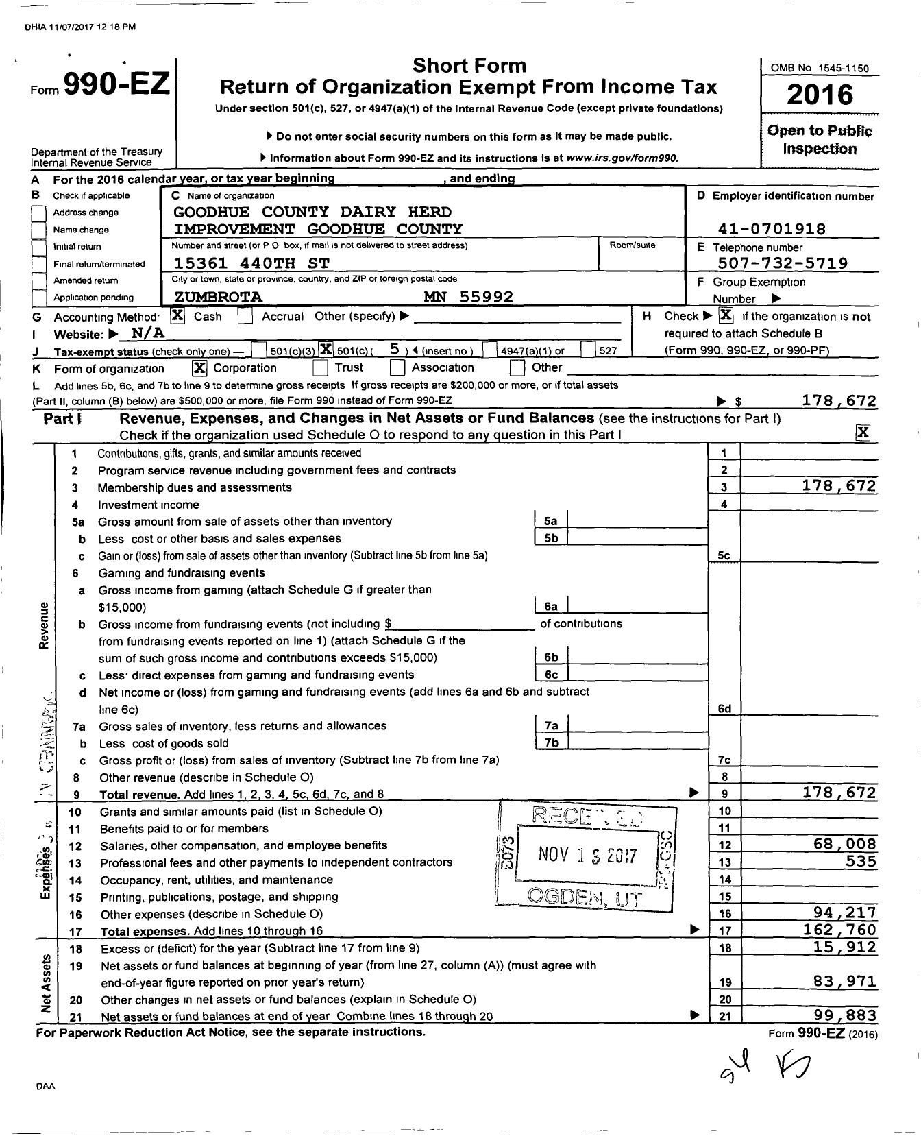 Image of first page of 2016 Form 990EO for Goodhue County Dairy Herd Improvement Goodhue County