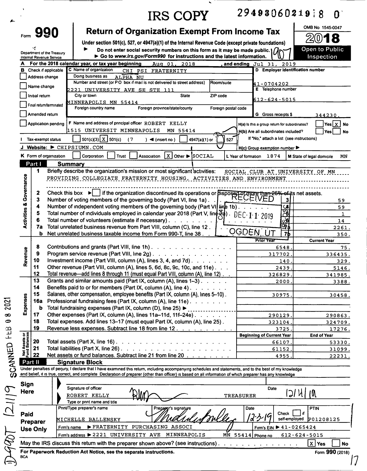 Image of first page of 2018 Form 990O for Chi Psi Fraternity / Alpha Nu