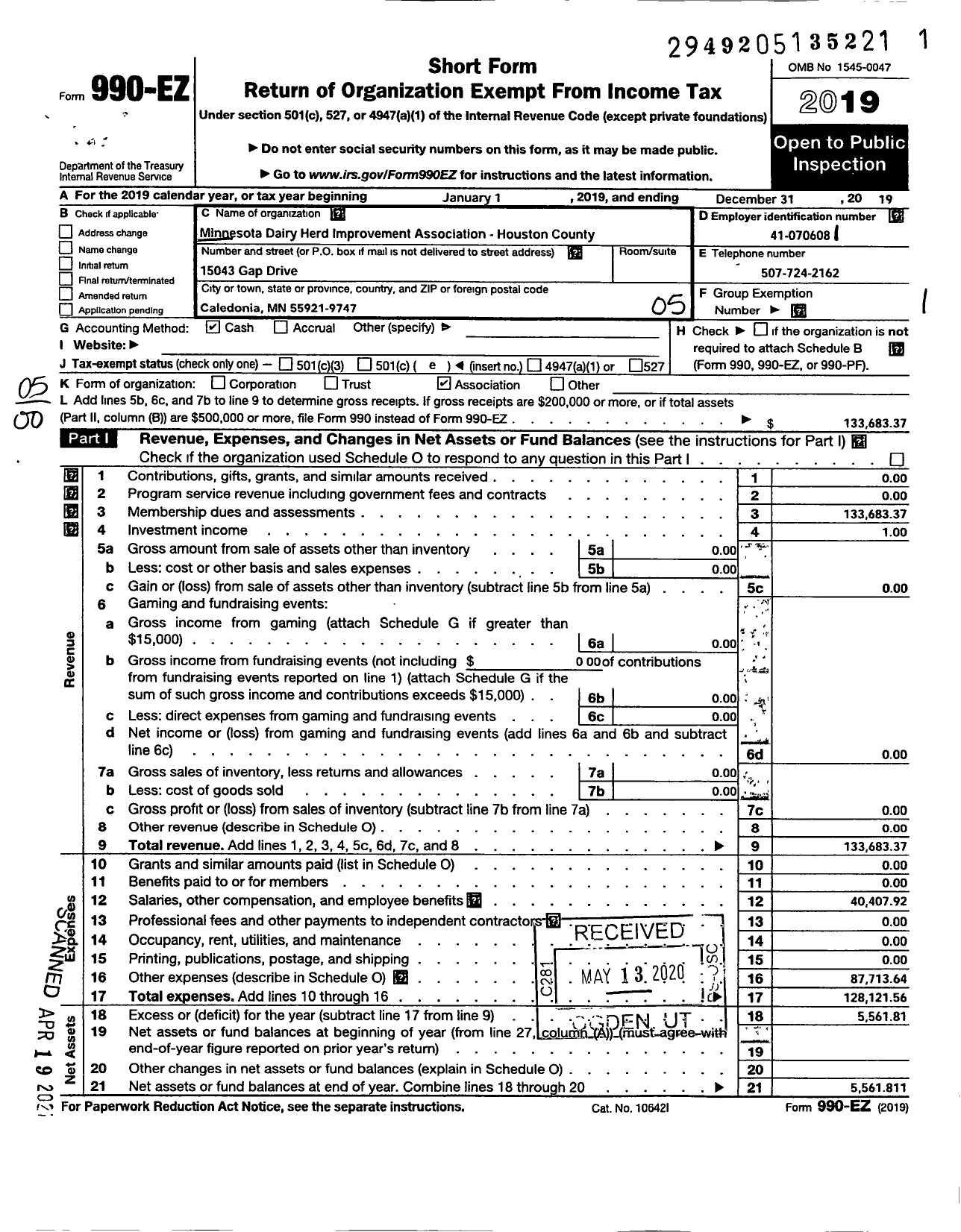 Image of first page of 2019 Form 990EO for Minnesota Dairy Herd Improvement Association-Houston County