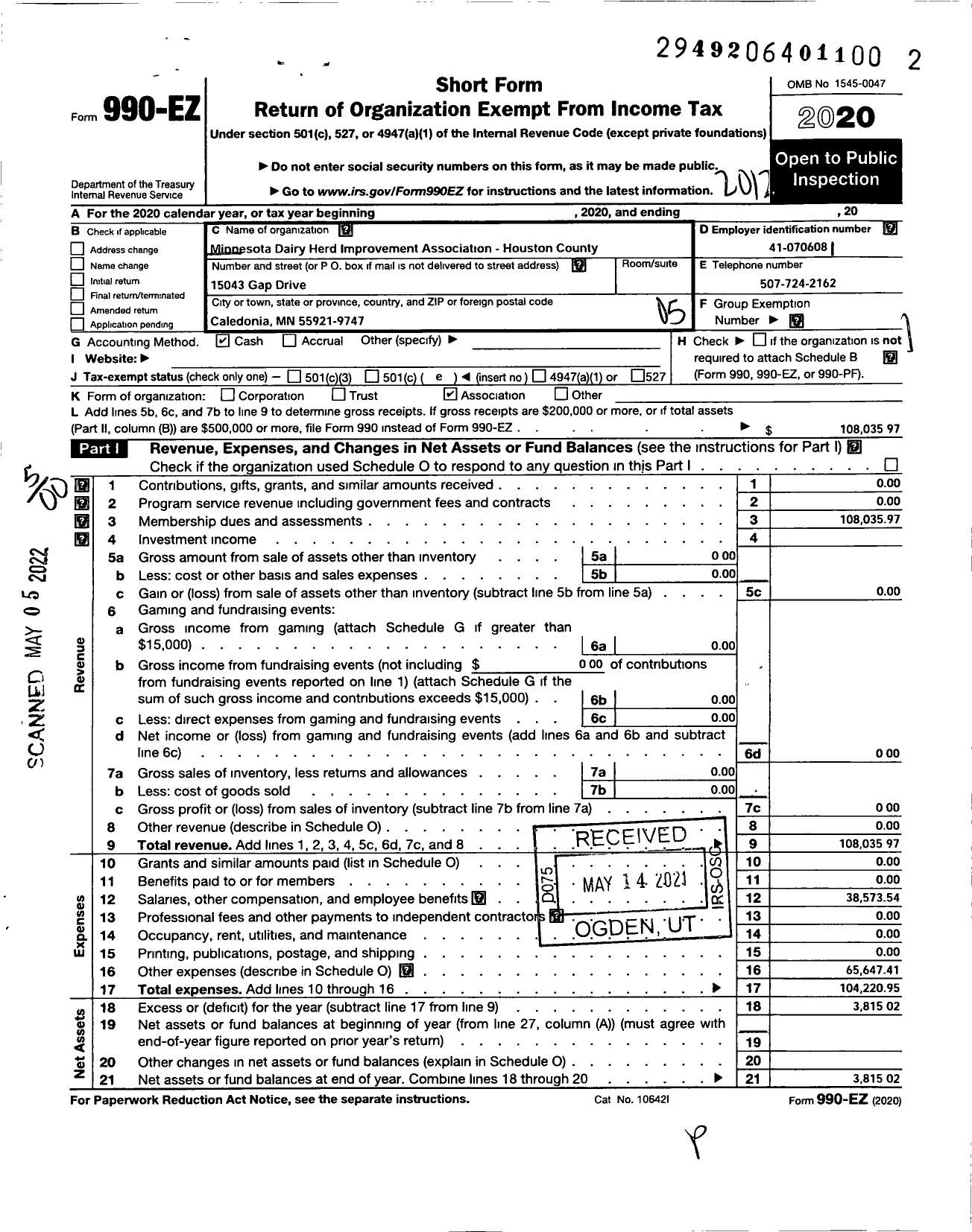 Image of first page of 2020 Form 990EO for Minnesota Dairy Herd Improvement Association-Houston County