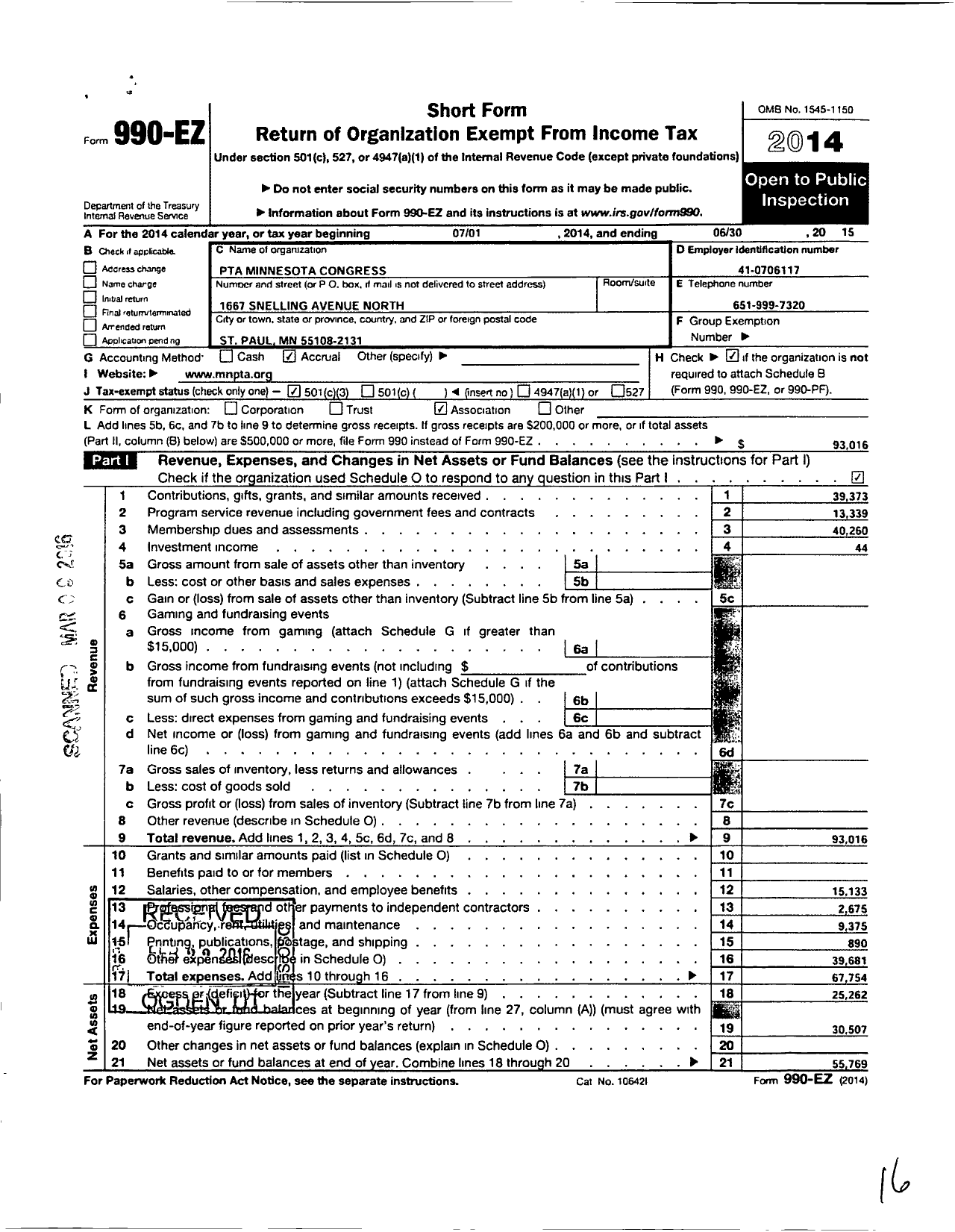 Image of first page of 2014 Form 990EZ for PTA Minnesota Congress / Minnesota PTA