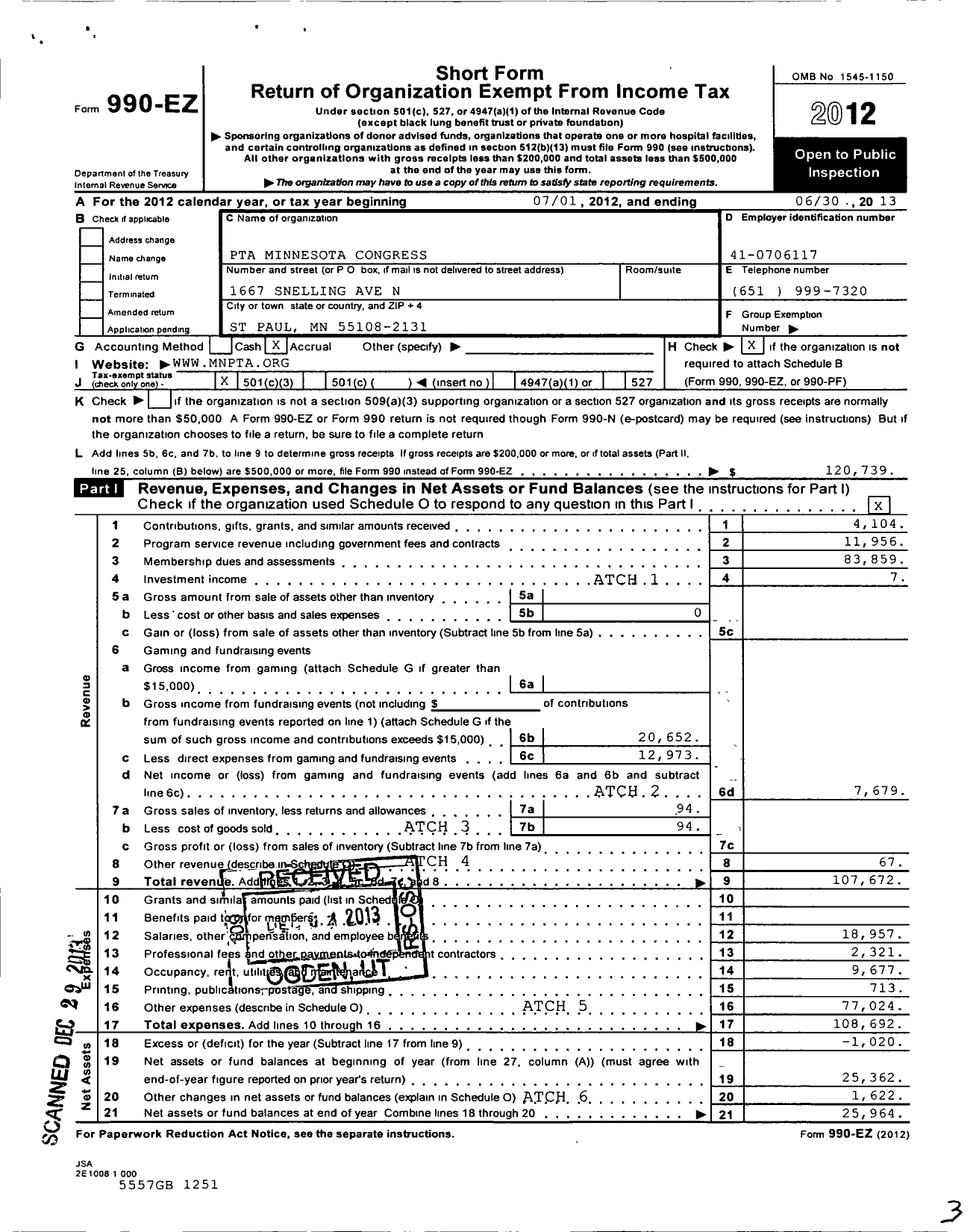 Image of first page of 2012 Form 990EZ for PTA Minnesota Congress / Minnesota PTA