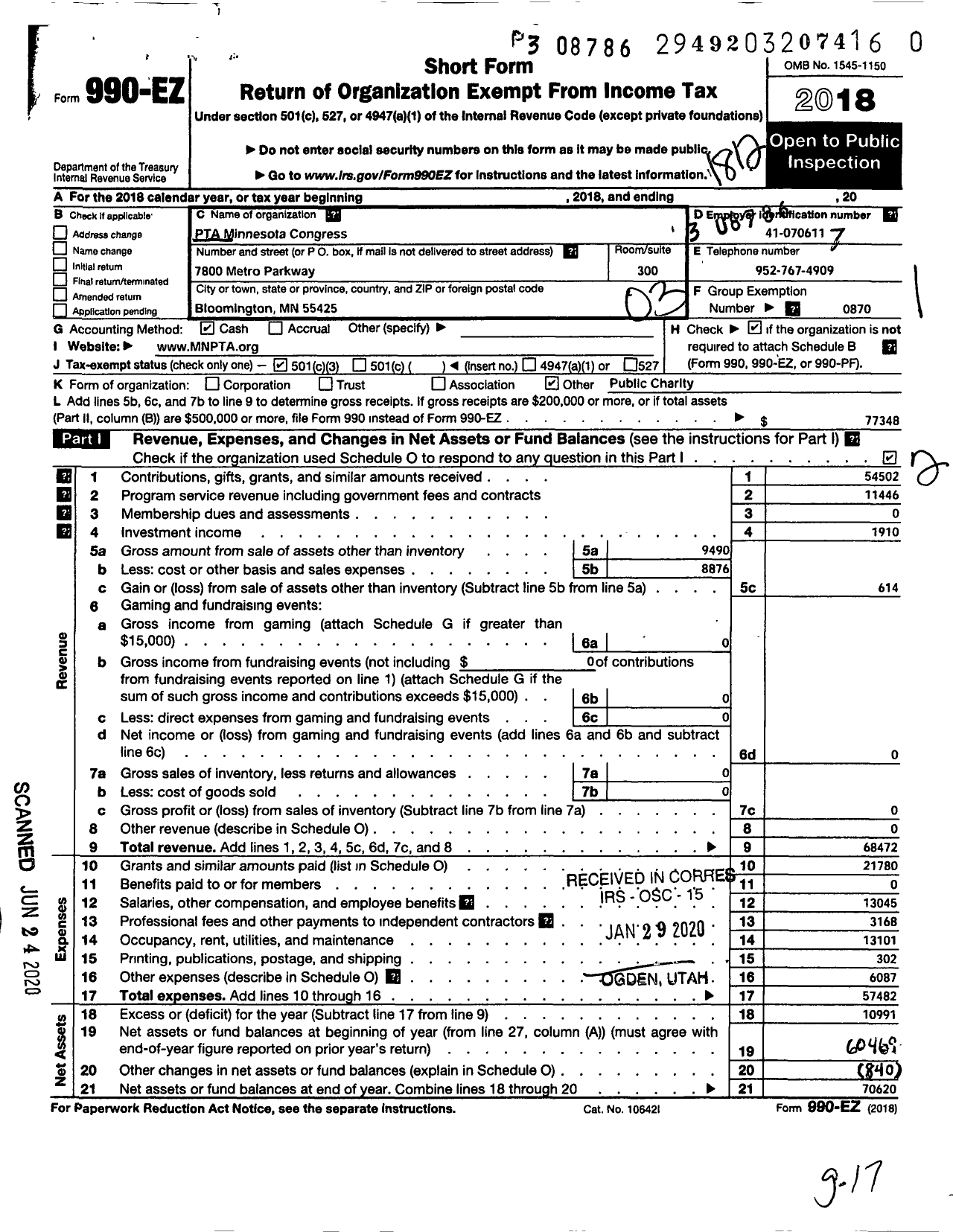 Image of first page of 2018 Form 990EZ for PTA Minnesota Congress / Minnesota PTA