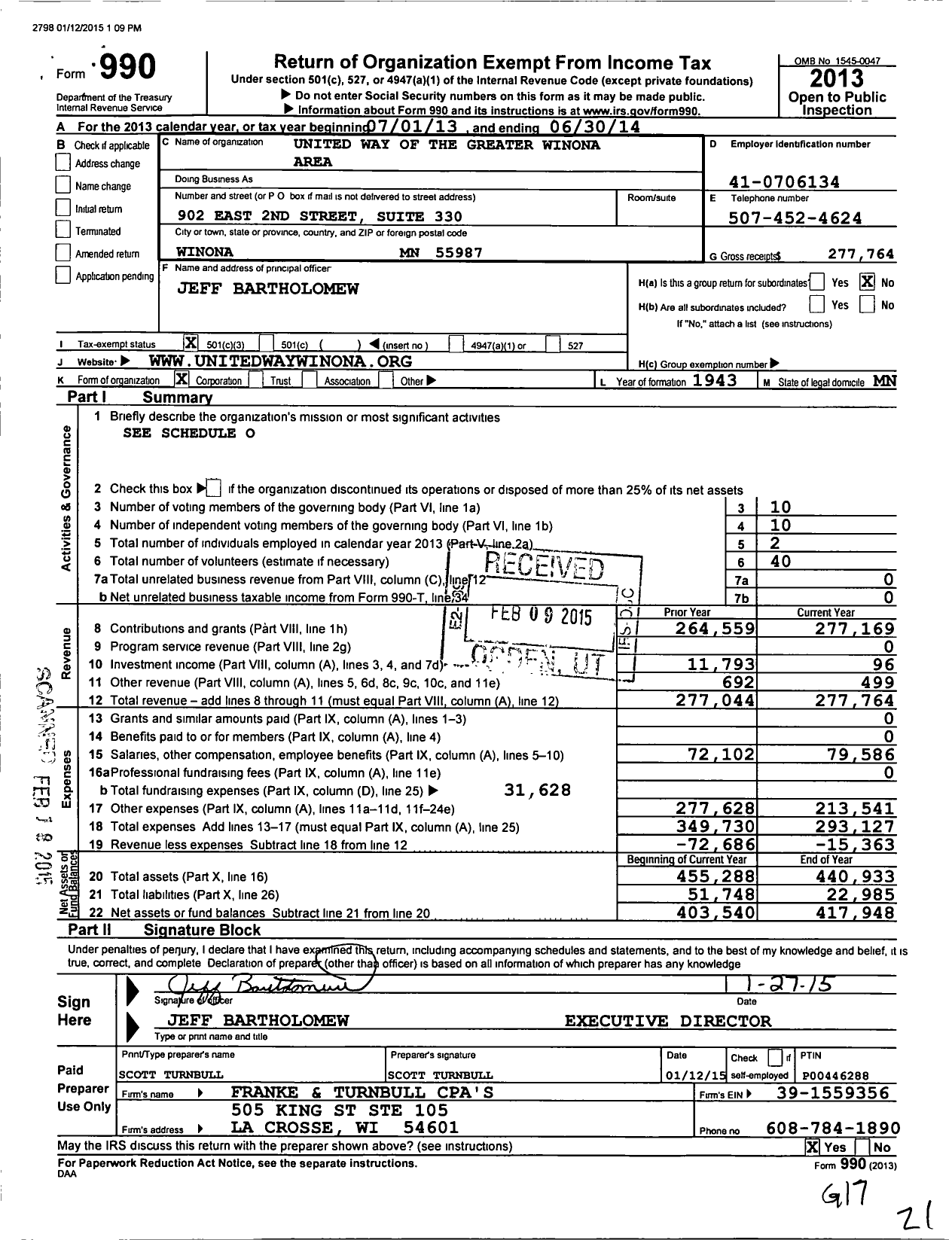 Image of first page of 2013 Form 990 for United Way of the Greater Winona Area