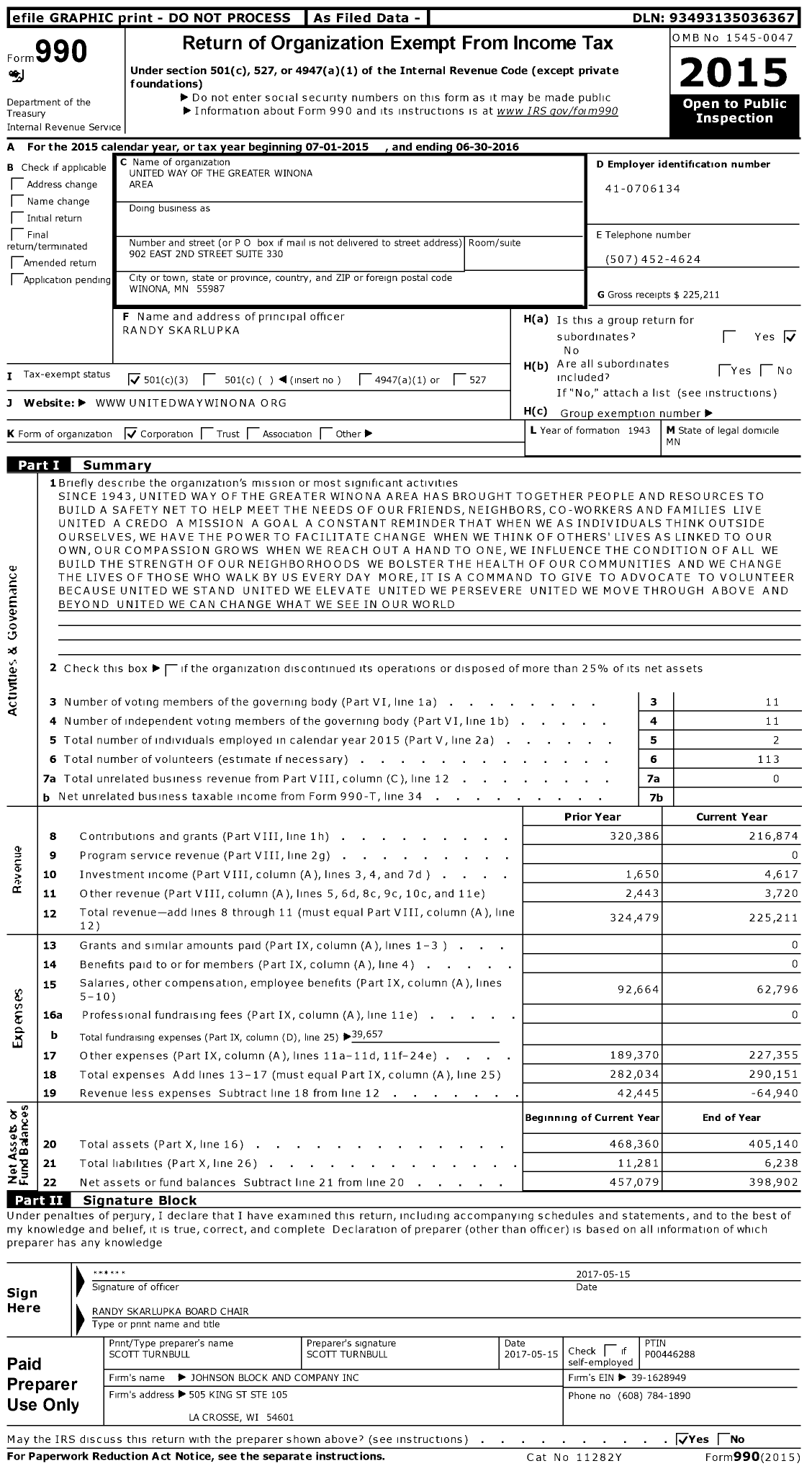 Image of first page of 2015 Form 990 for United Way of the Greater Winona Area