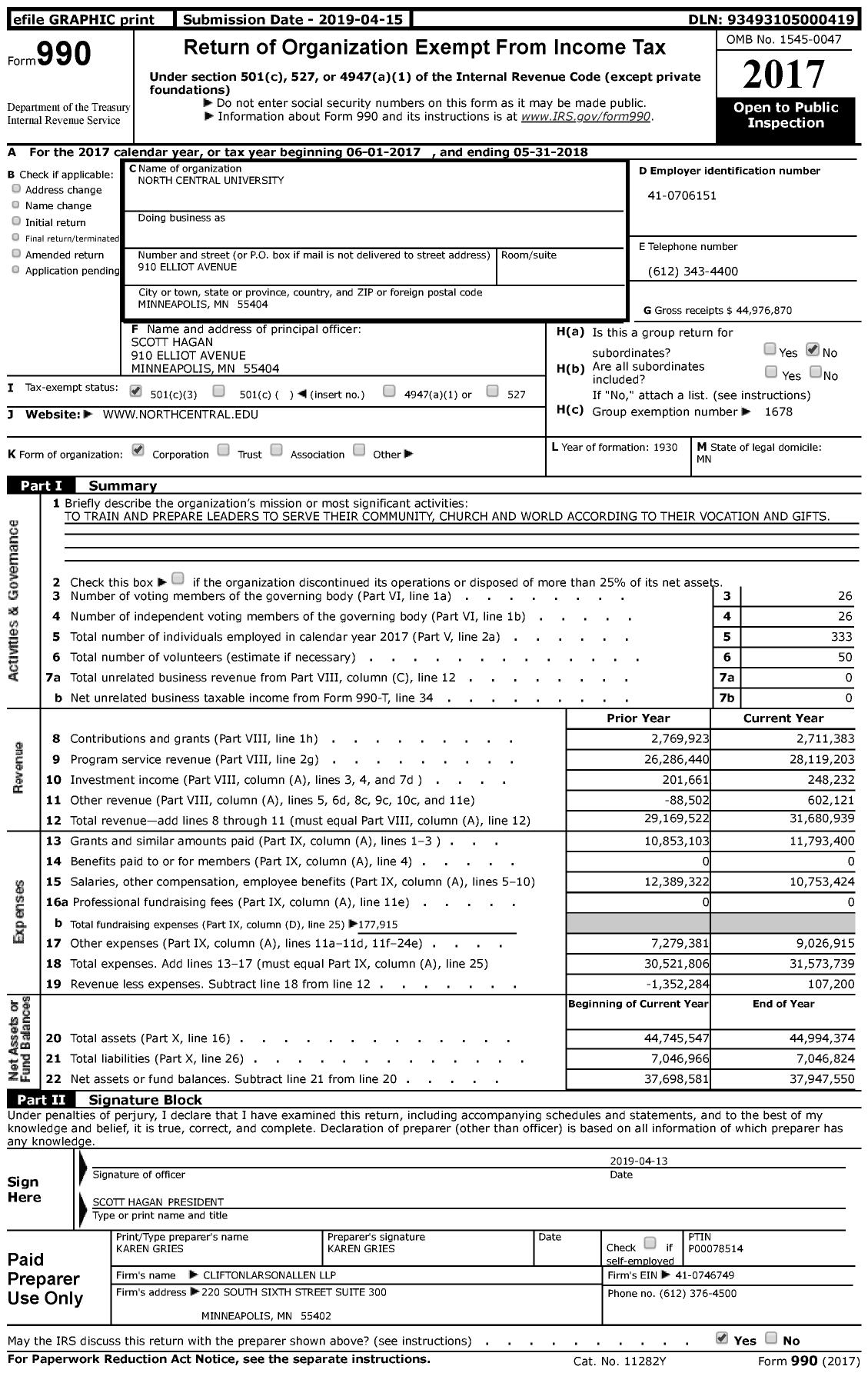 Image of first page of 2017 Form 990 for North Central University