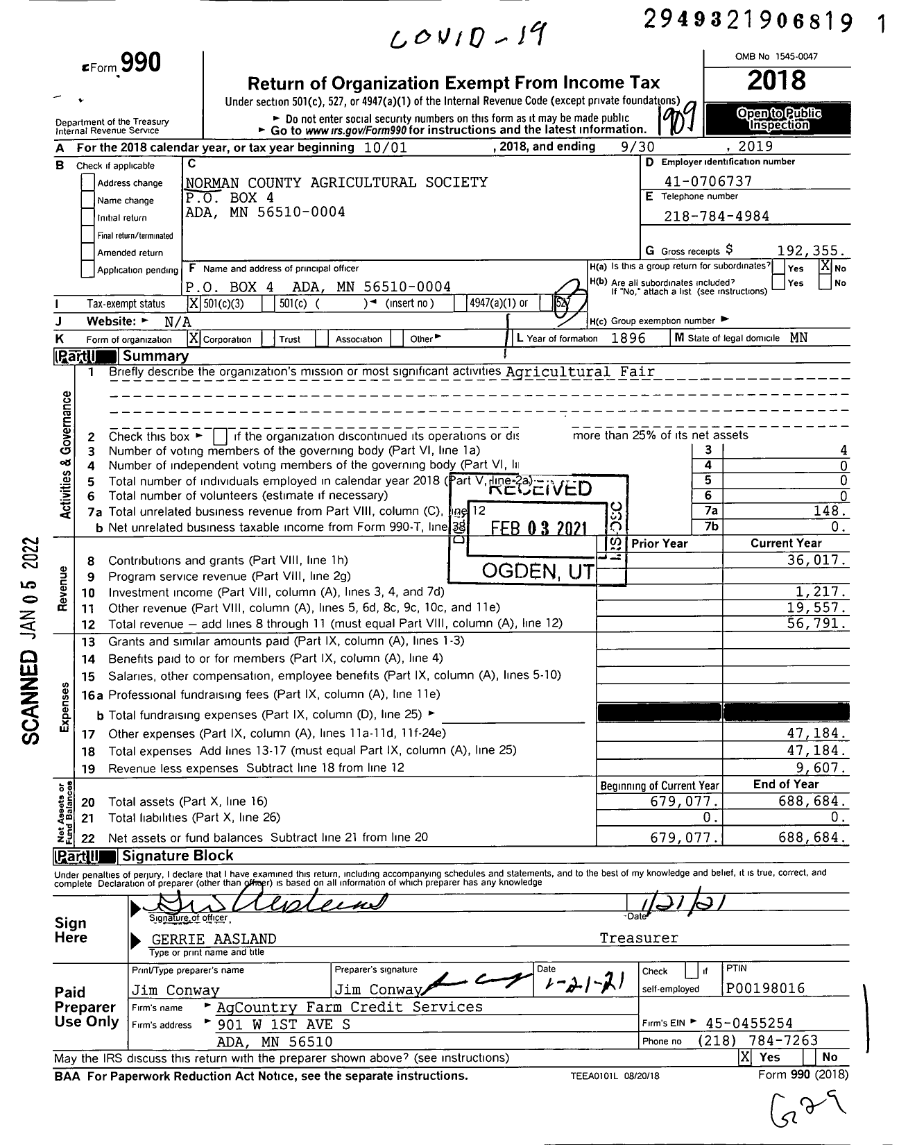 Image of first page of 2018 Form 990 for Norman County Agricultural Society
