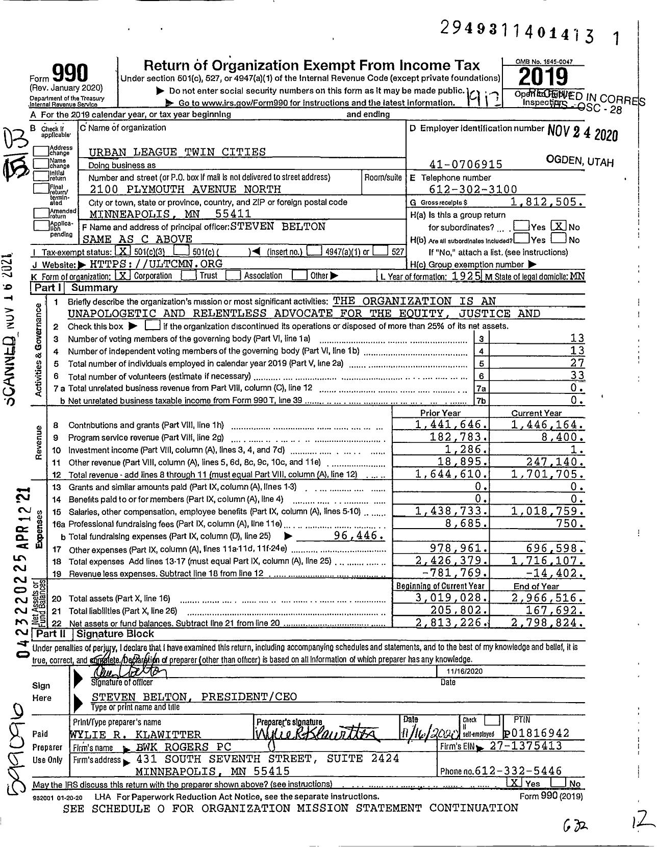 Image of first page of 2019 Form 990 for Urban League Twin Cities