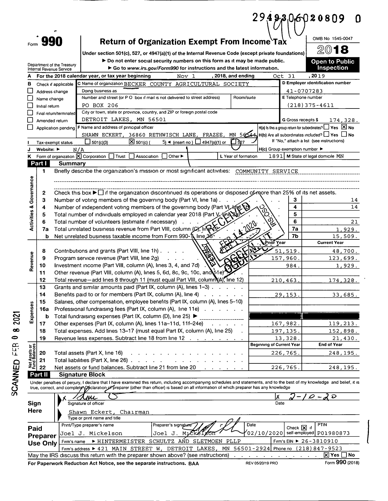 Image of first page of 2018 Form 990O for Becker County Agricultural Society