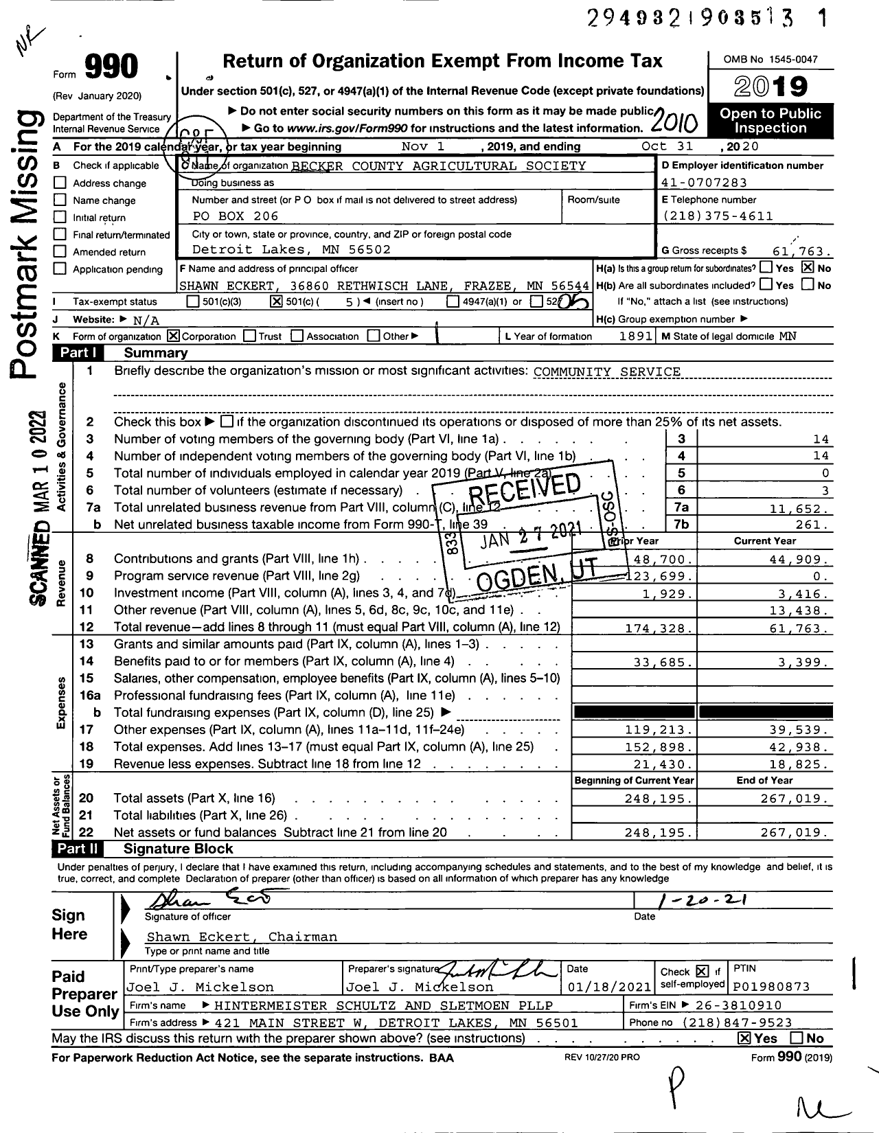 Image of first page of 2019 Form 990O for Becker County Agricultural Society