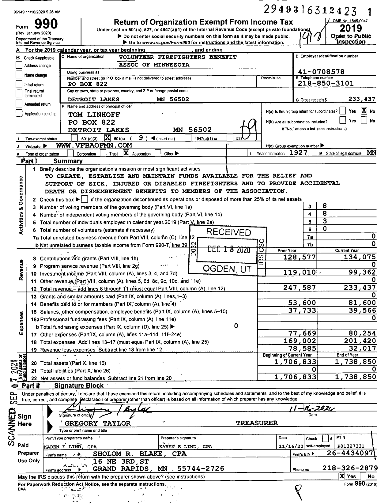 Image of first page of 2019 Form 990O for Volunteer Firefighters' Benefit Association of Minnesota