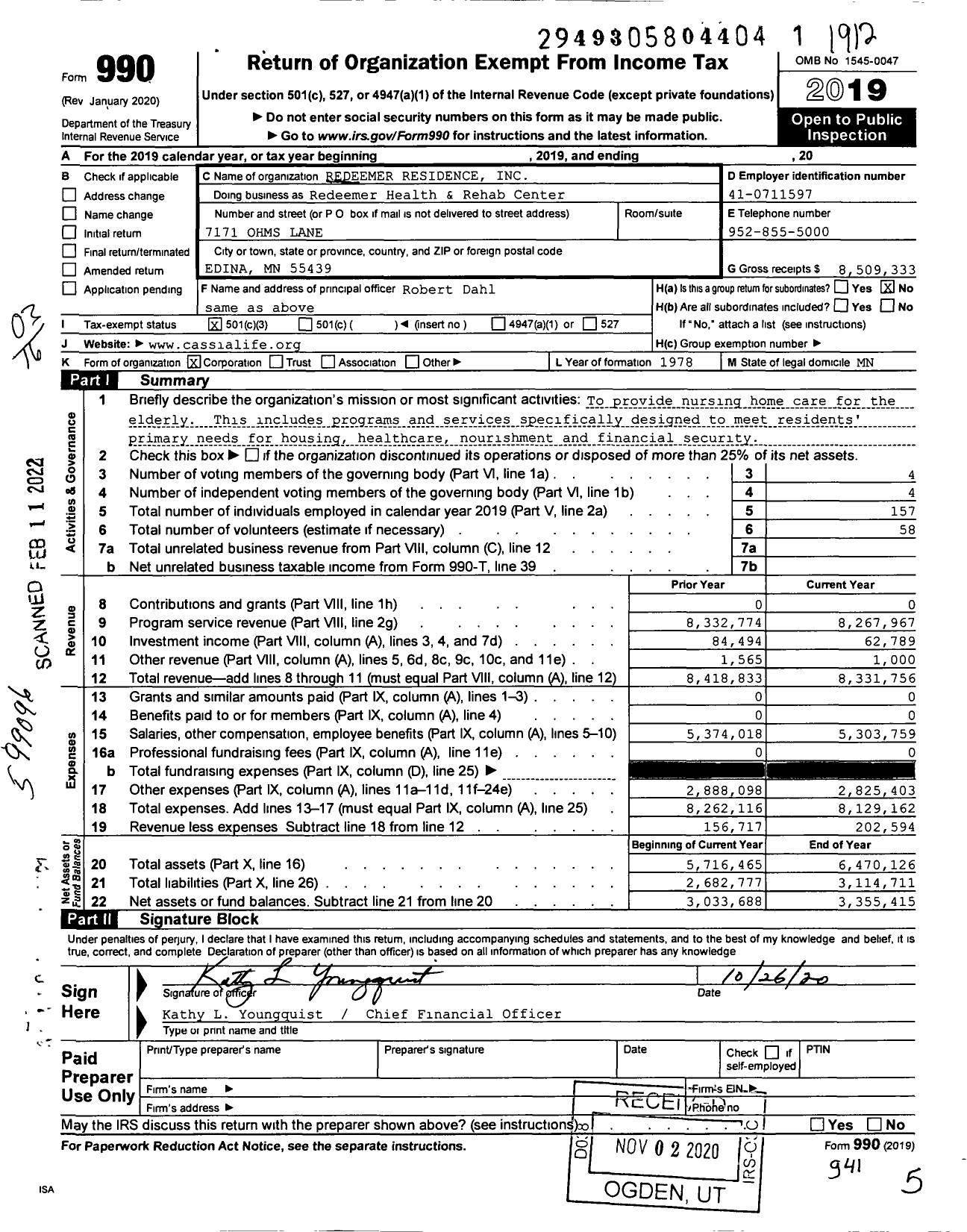 Image of first page of 2019 Form 990 for Redeemer Health and Rehab Center