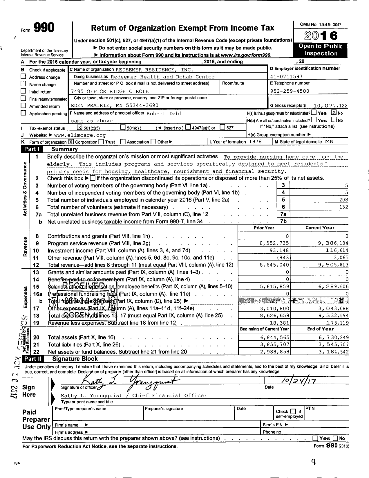 Image of first page of 2016 Form 990 for Redeemer Health and Rehab Center
