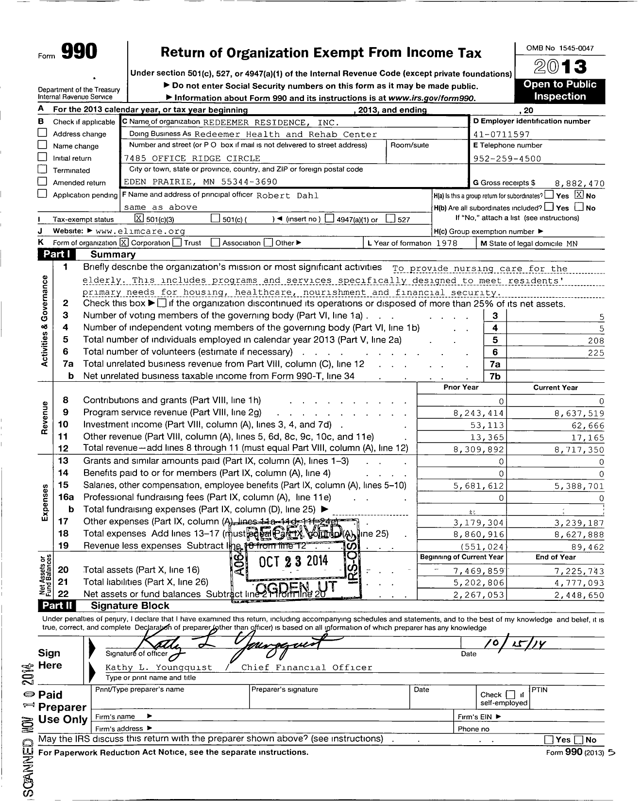 Image of first page of 2013 Form 990 for Redeemer Health and Rehab Center