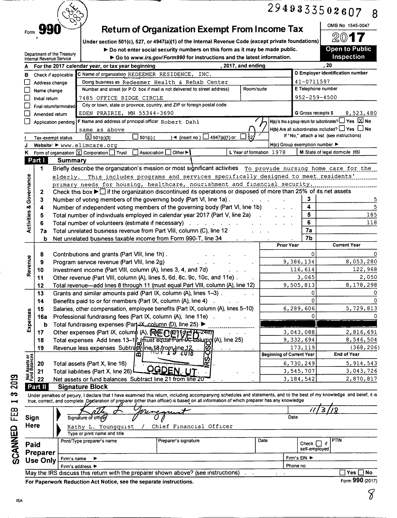 Image of first page of 2017 Form 990 for Redeemer Health and Rehab Center