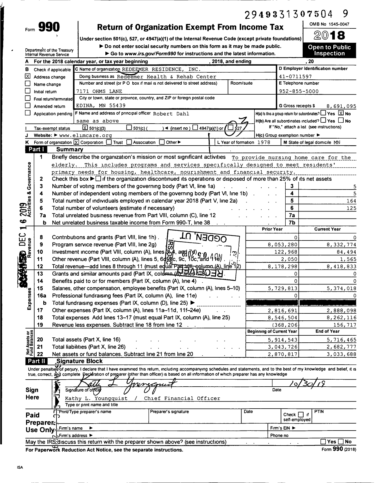 Image of first page of 2018 Form 990 for Redeemer Health and Rehab Center