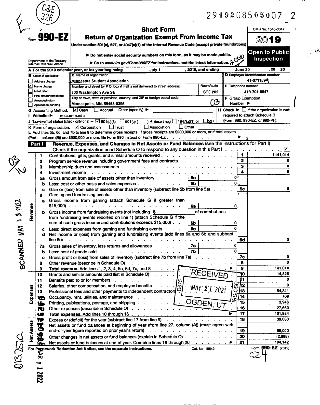Image of first page of 2019 Form 990EZ for Minnesota Student Association
