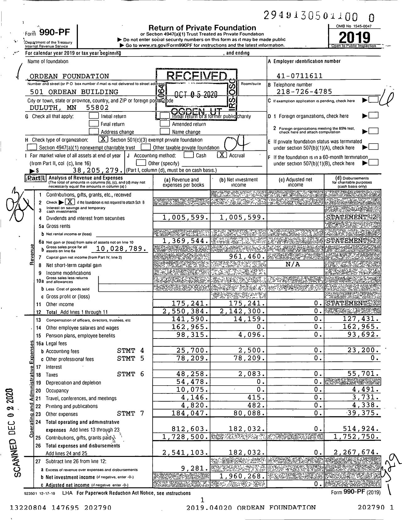 Image of first page of 2019 Form 990PF for Ordean Foundation