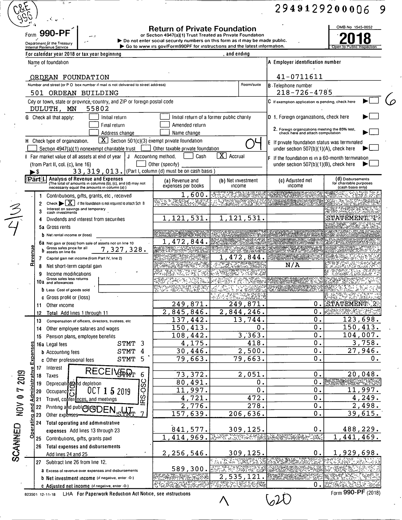 Image of first page of 2018 Form 990PF for Ordean Foundation