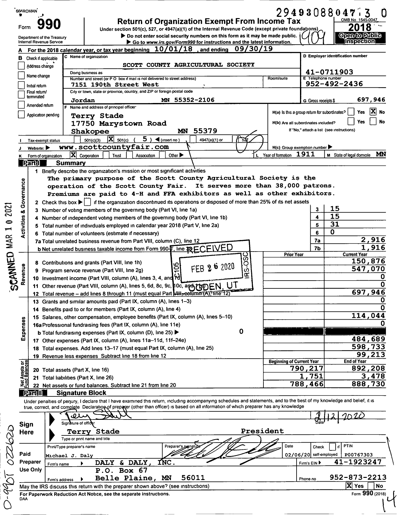 Image of first page of 2018 Form 990O for Scott County Agricultural Society