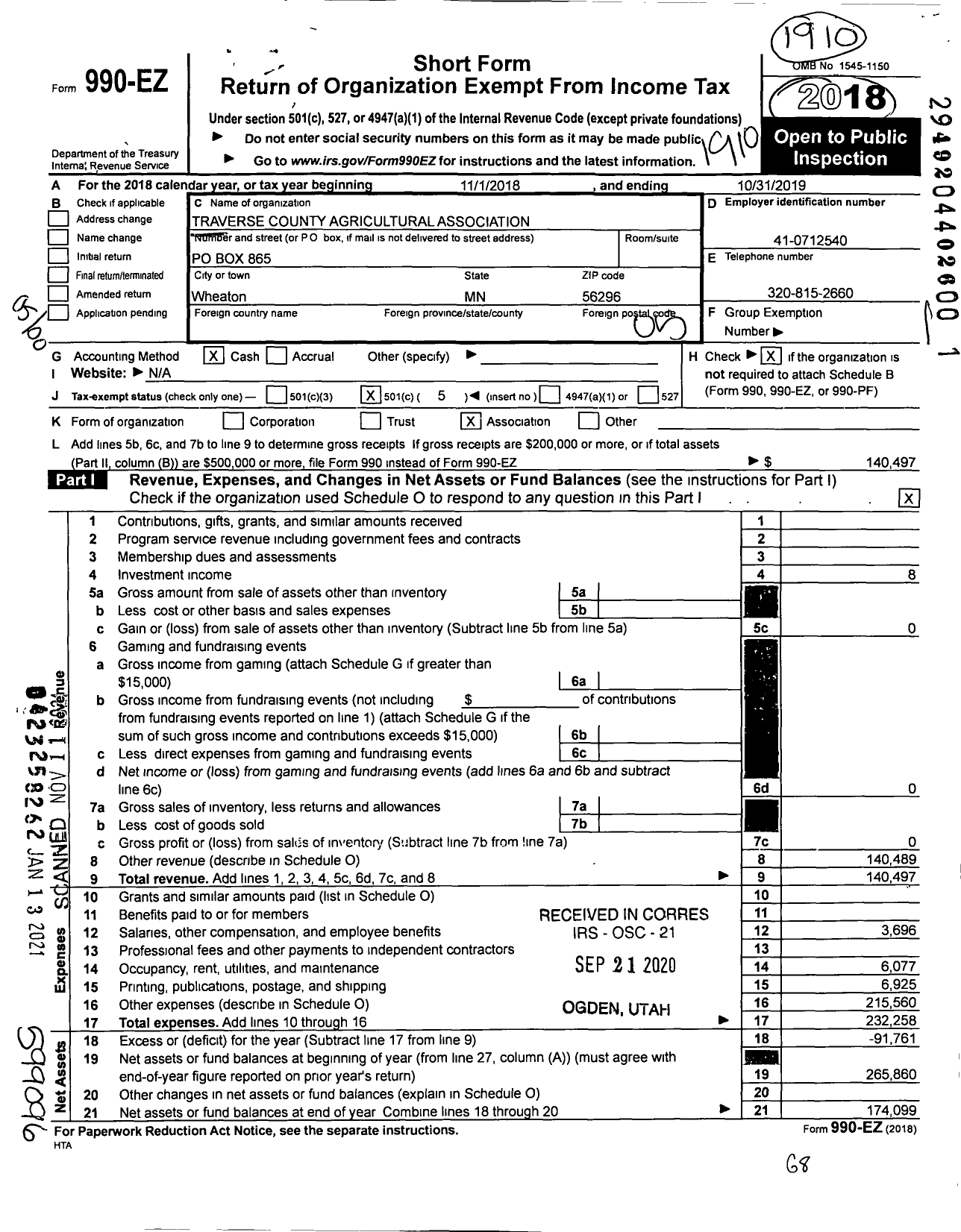 Image of first page of 2018 Form 990EO for Traverse County Agricultural Association