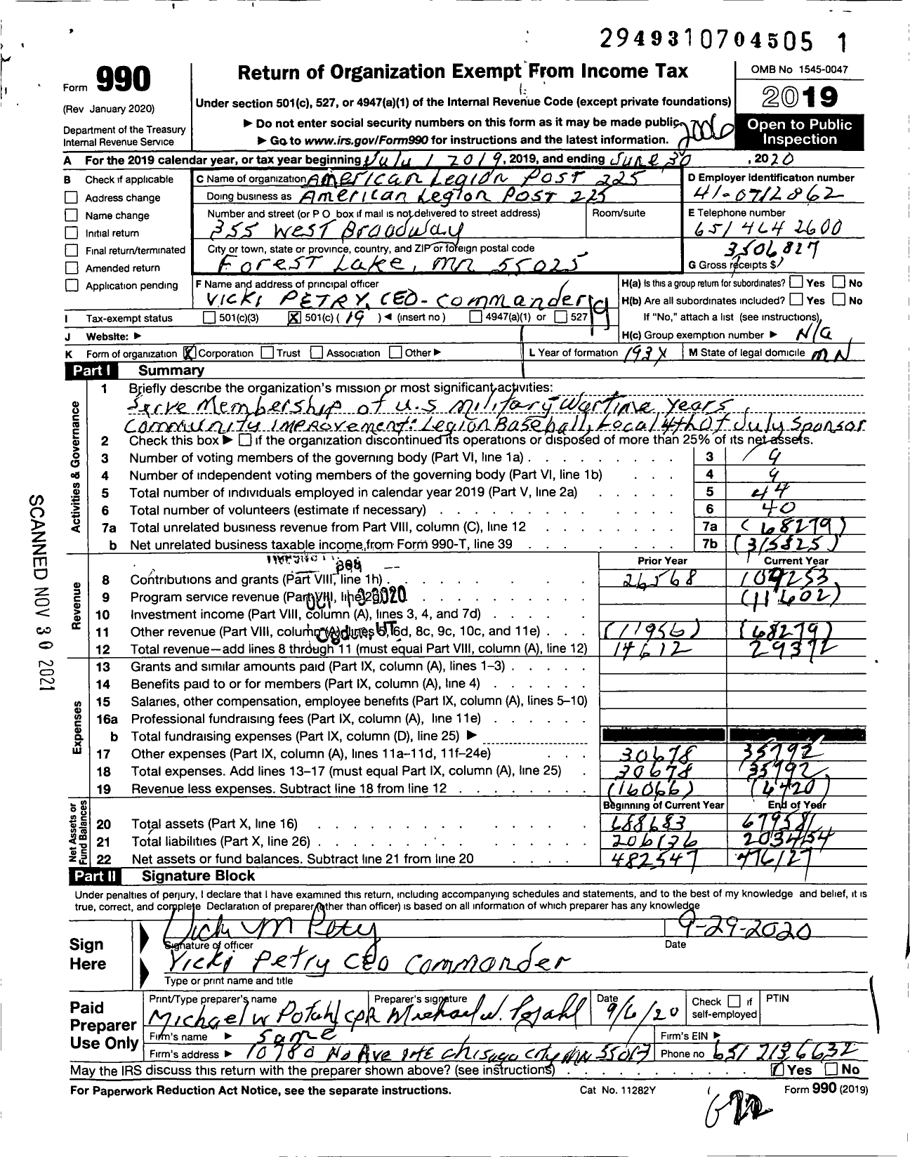 Image of first page of 2019 Form 990O for AMERICAN LEGION - 0225 Forest Lake