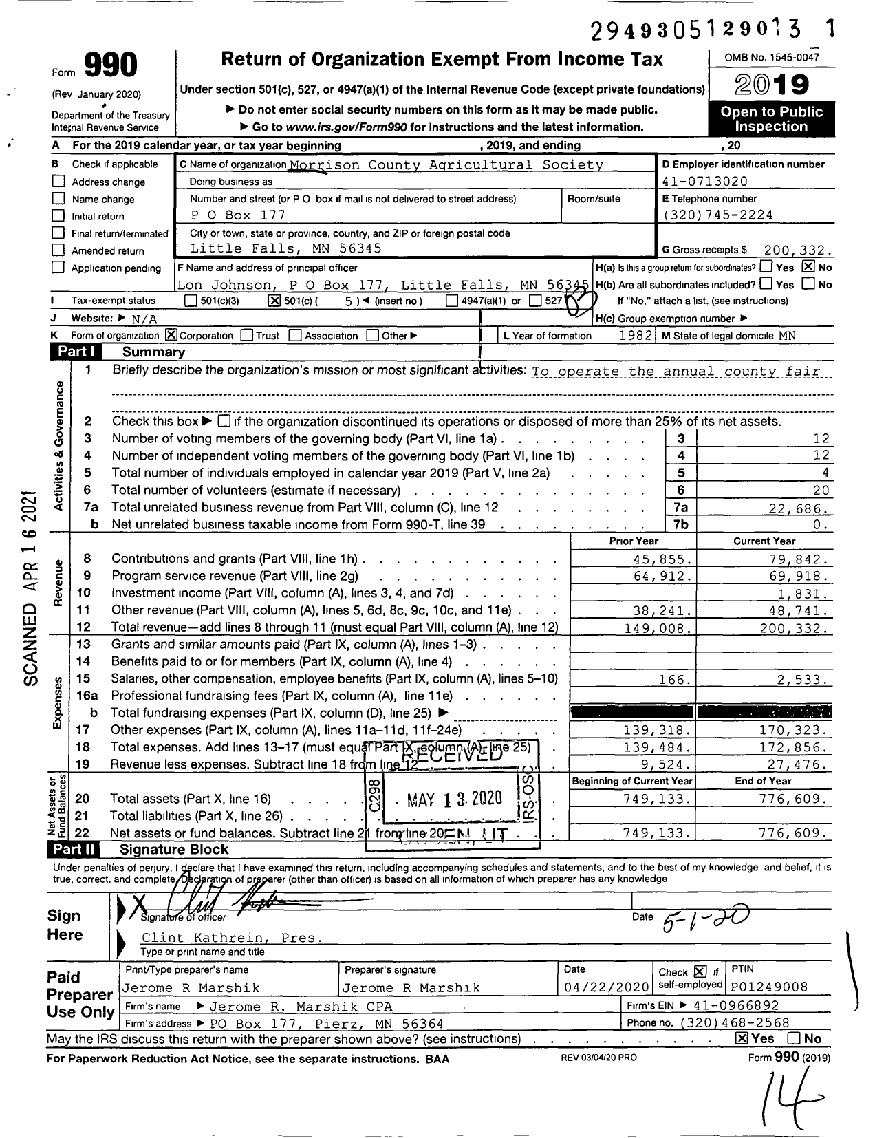 Image of first page of 2019 Form 990 for Morrison County Agricultural Society