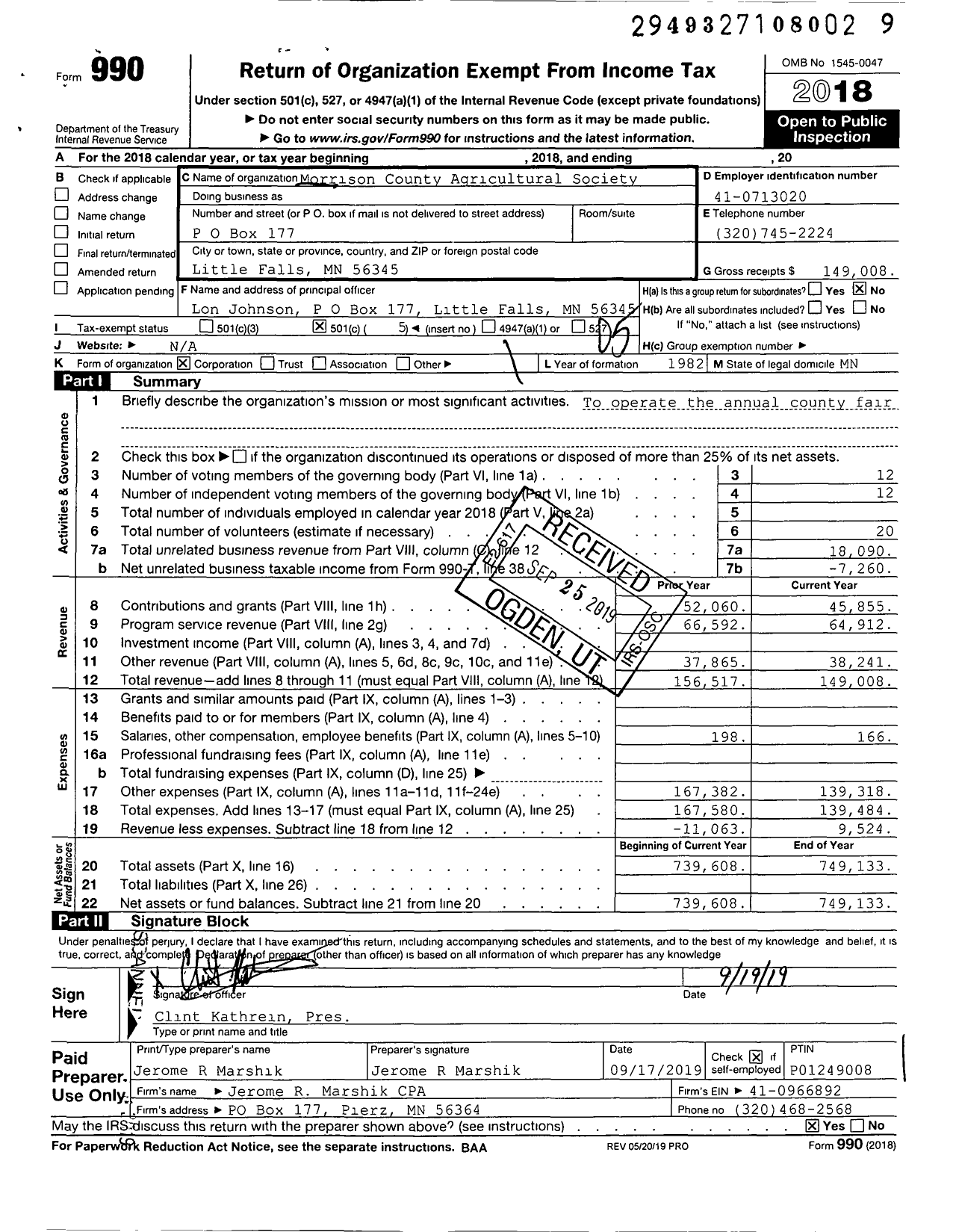 Image of first page of 2018 Form 990O for Morrison County Agricultural Society