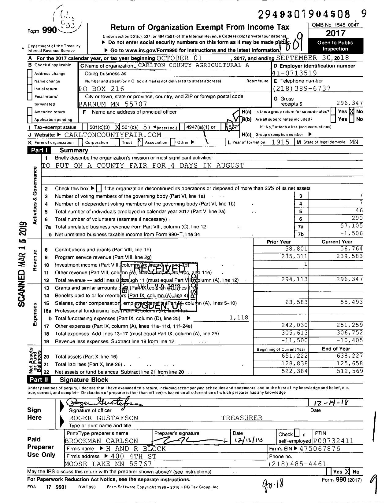 Image of first page of 2017 Form 990O for Carlton County Agricultural