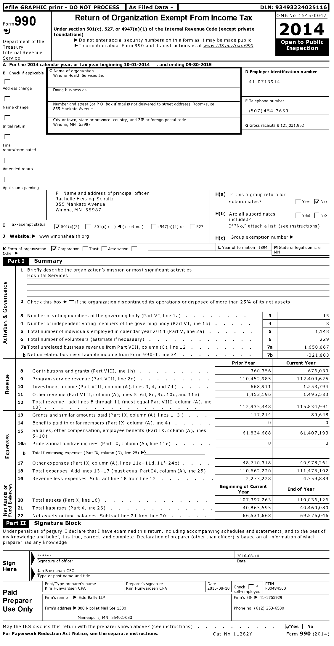 Image of first page of 2014 Form 990 for Winona Health