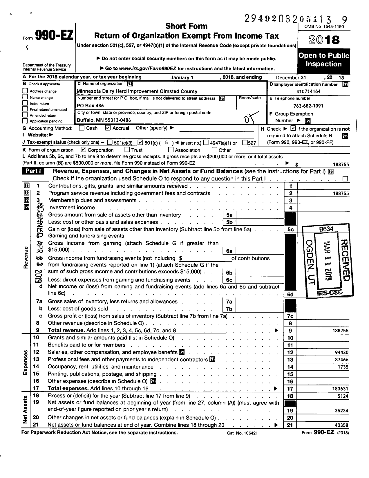 Image of first page of 2018 Form 990EO for Minnesota DHIA Olmsted County