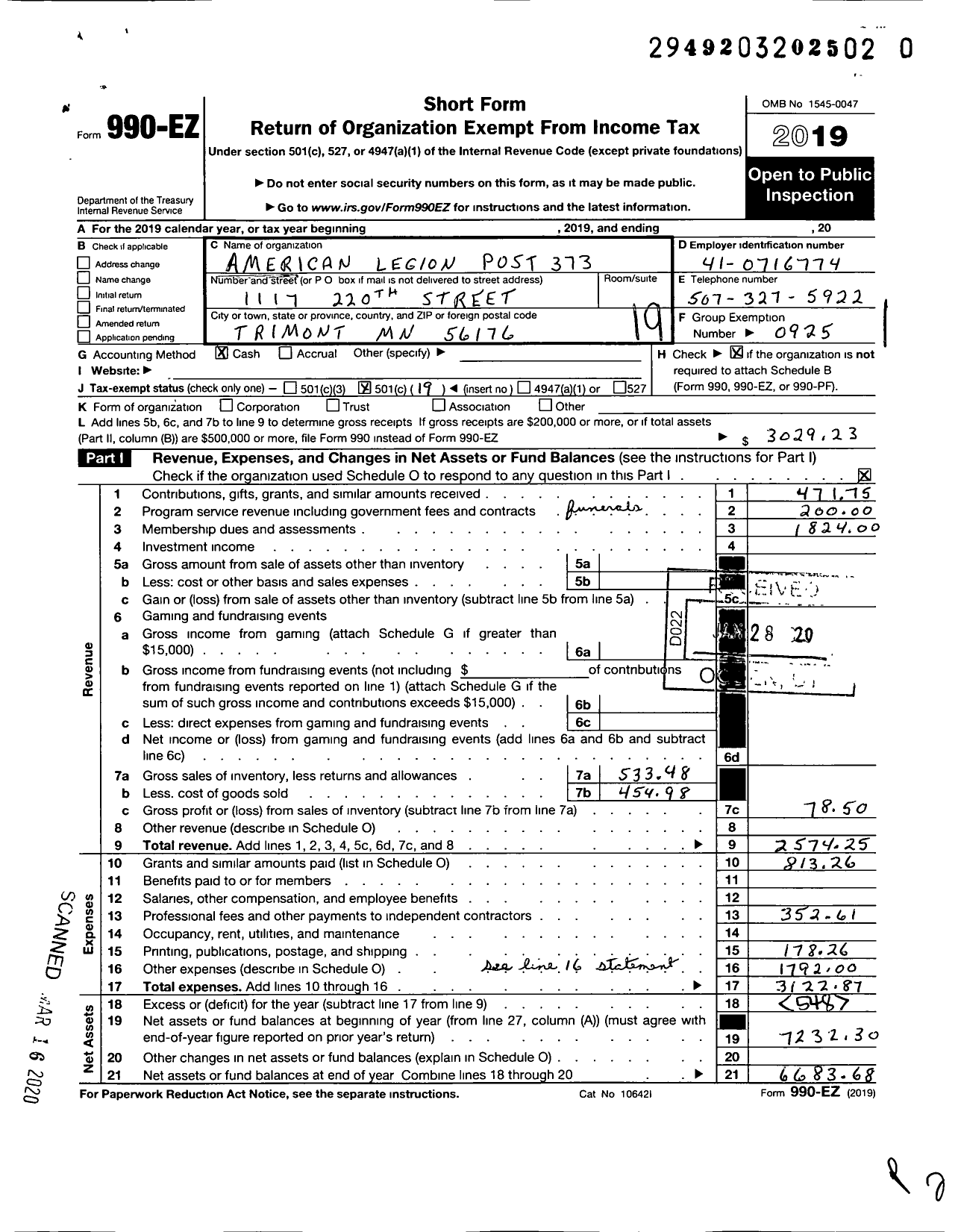 Image of first page of 2019 Form 990EO for American Legion - 0373 Foster Bernhardt Post MN