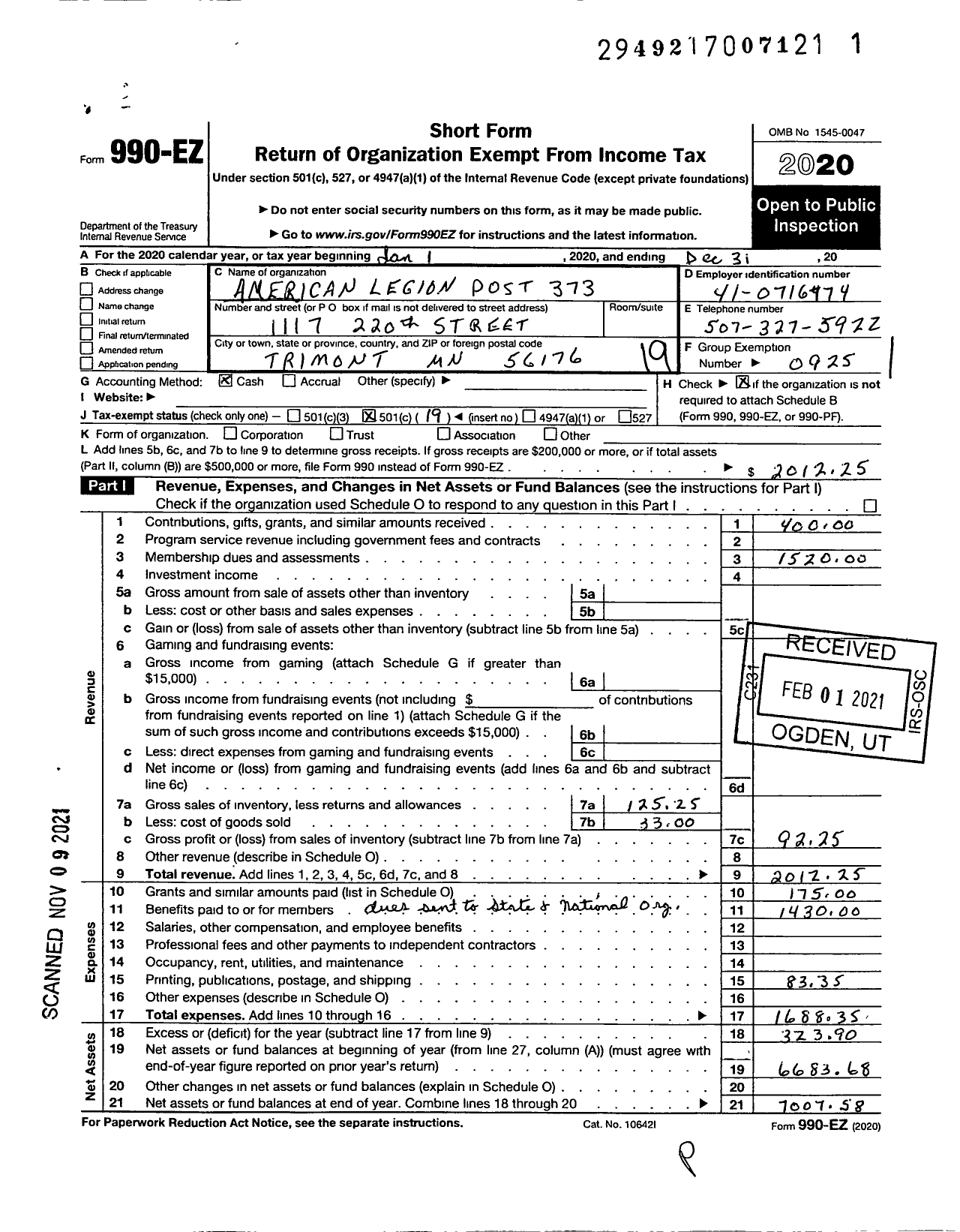 Image of first page of 2020 Form 990EO for American Legion - 0373 Foster Bernhardt Post MN