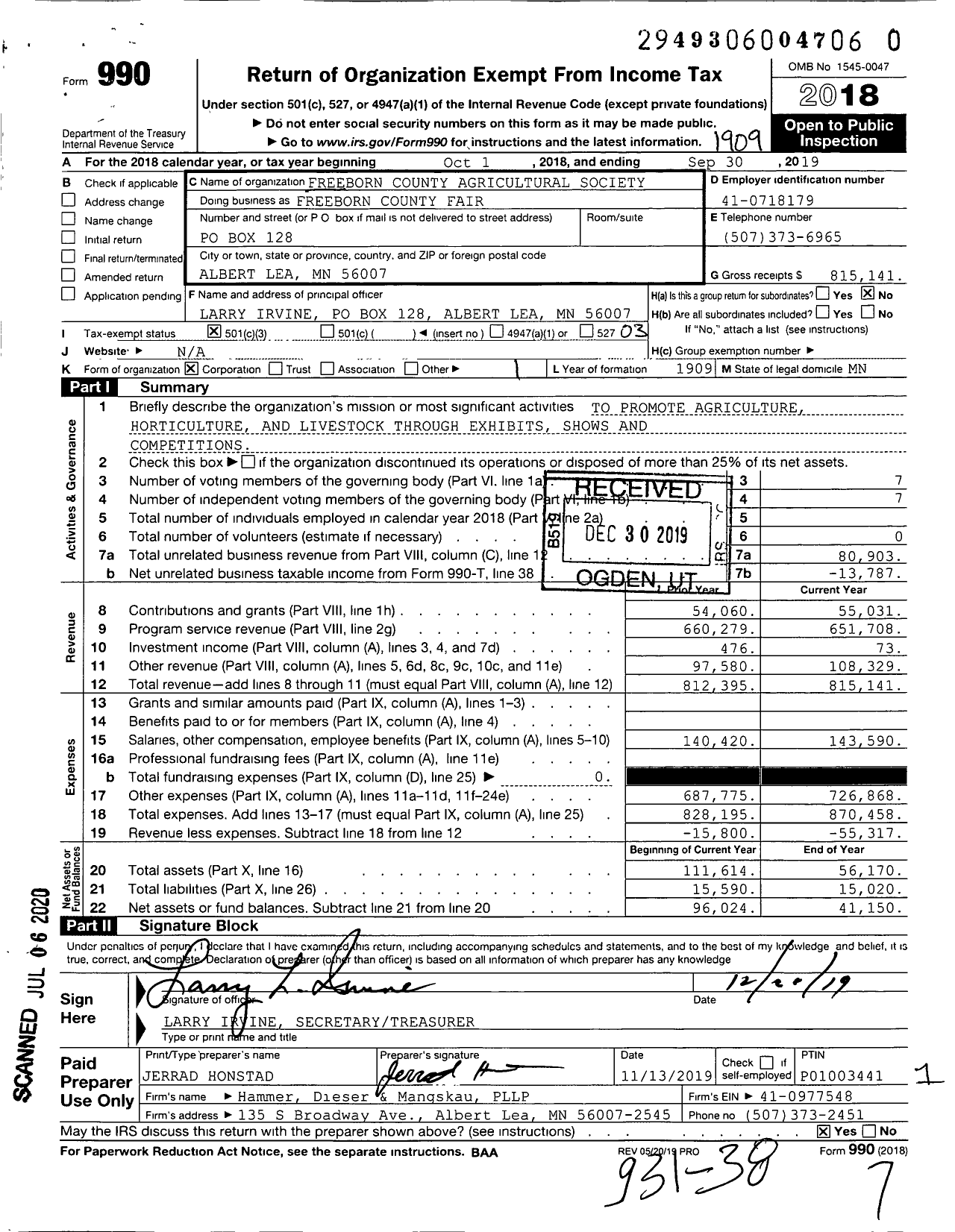 Image of first page of 2018 Form 990 for Freeborn County Agricultural Society Freeborn County Fair