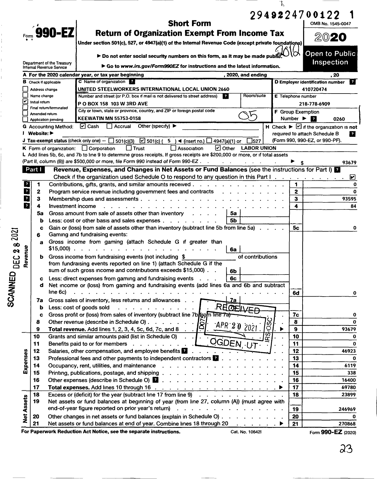 Image of first page of 2020 Form 990EO for United Steelworkers Local 2660