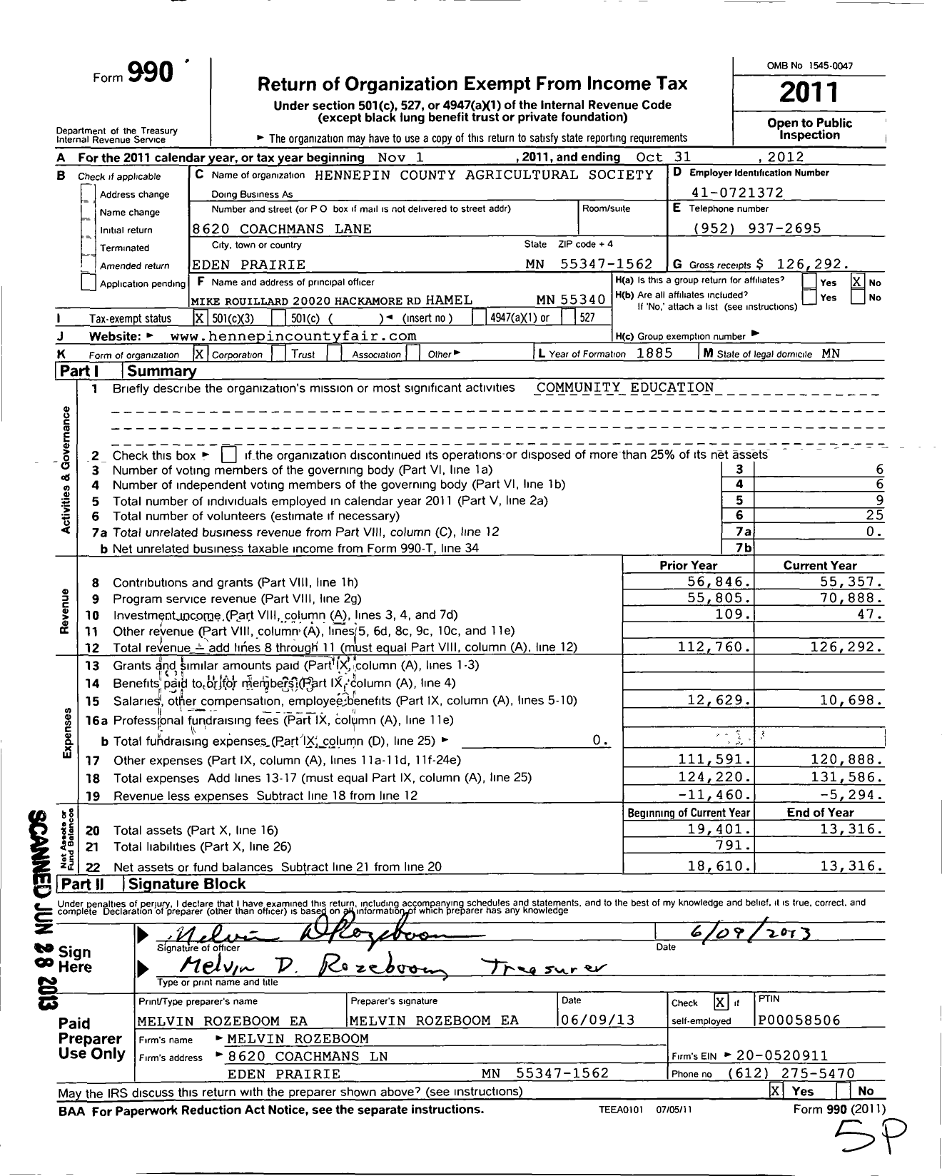 Image of first page of 2011 Form 990 for Hennepin County Agricultural Society