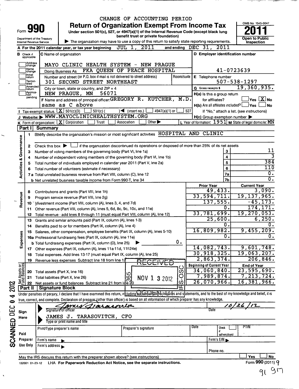 Image of first page of 2011 Form 990 for Mayo Clinic Health System - New Prague