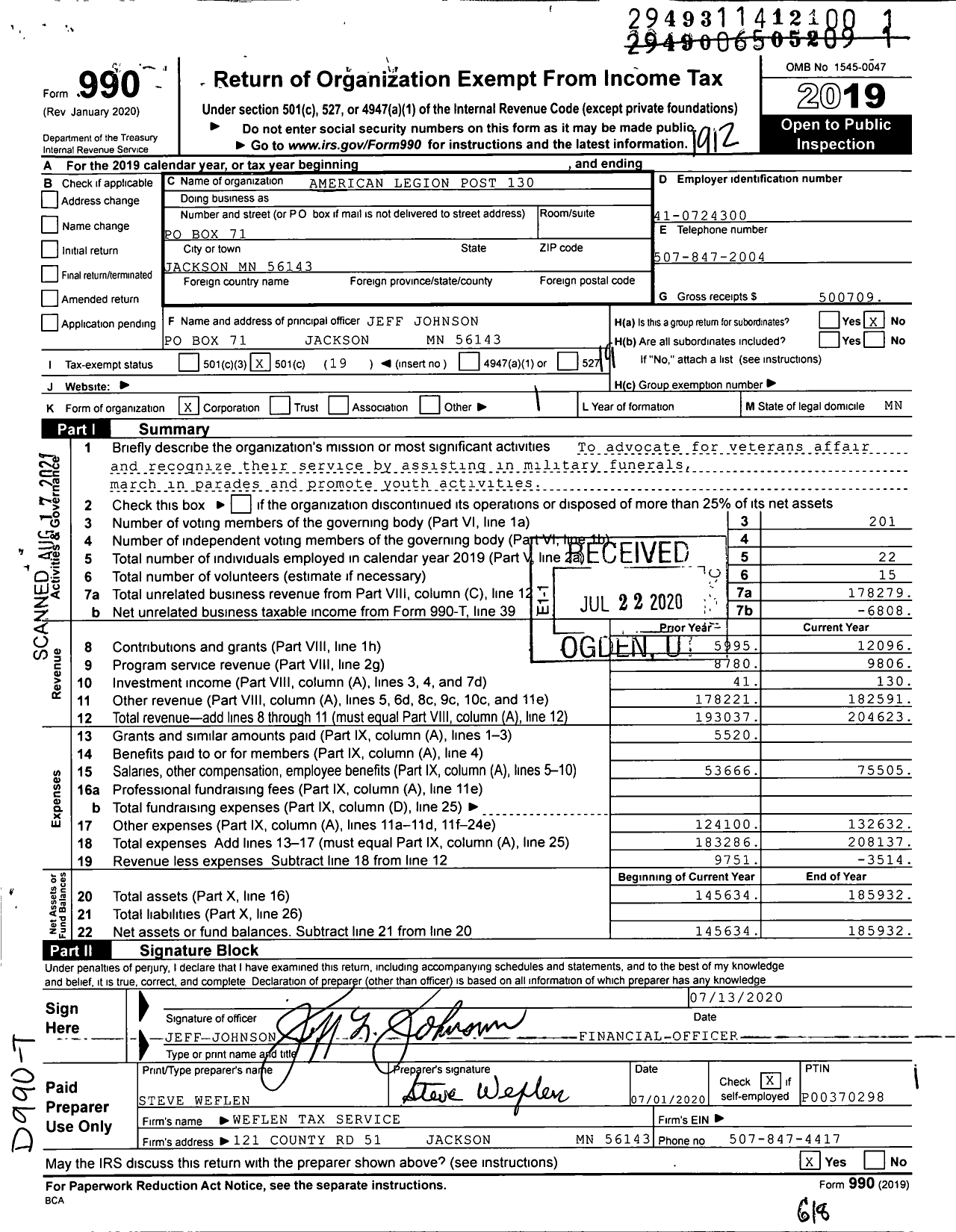 Image of first page of 2019 Form 990O for American Legion - 0130 Jackson Liberty