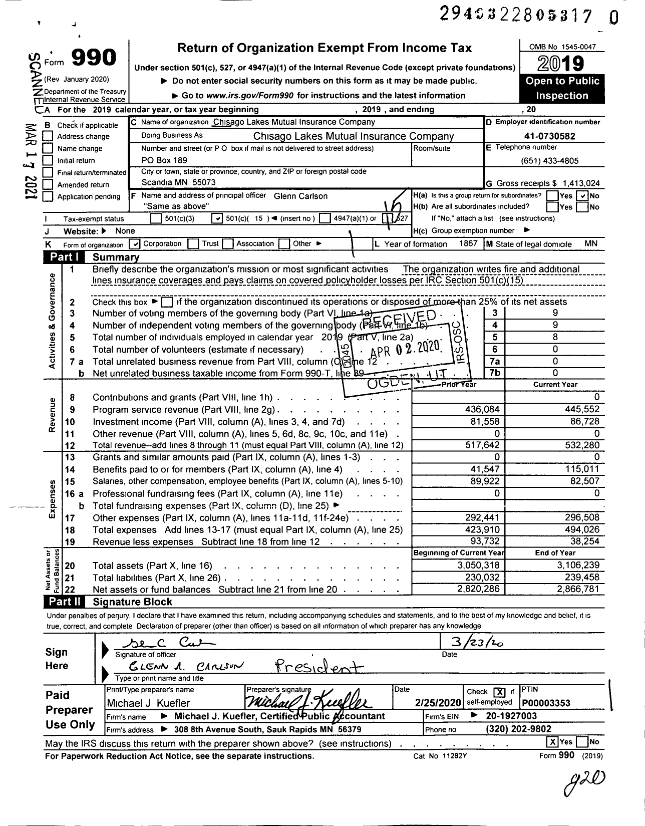 Image of first page of 2019 Form 990O for Chisago Lakes Mutual Insurance