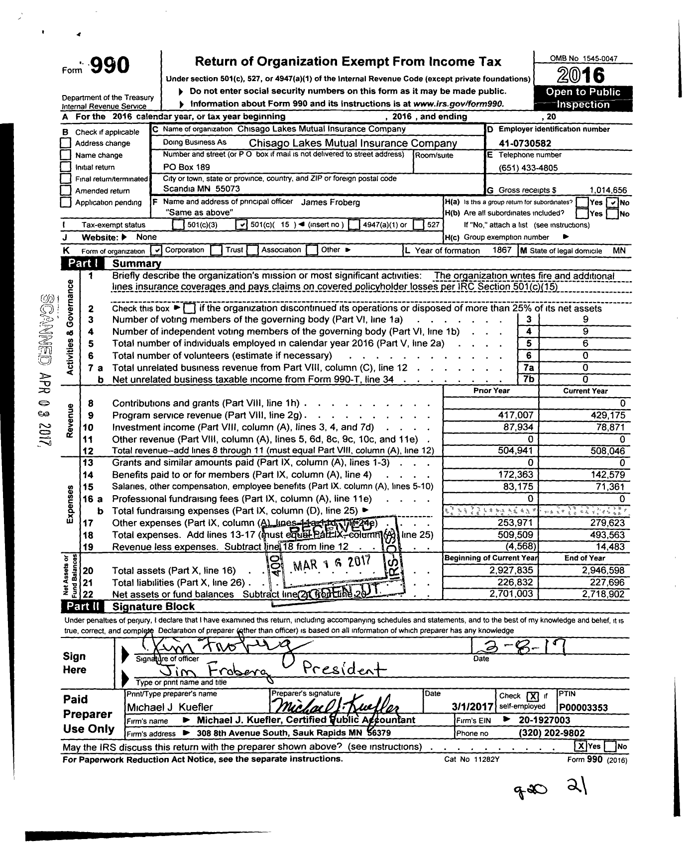 Image of first page of 2016 Form 990O for Chisago Lakes Mutual Insurance