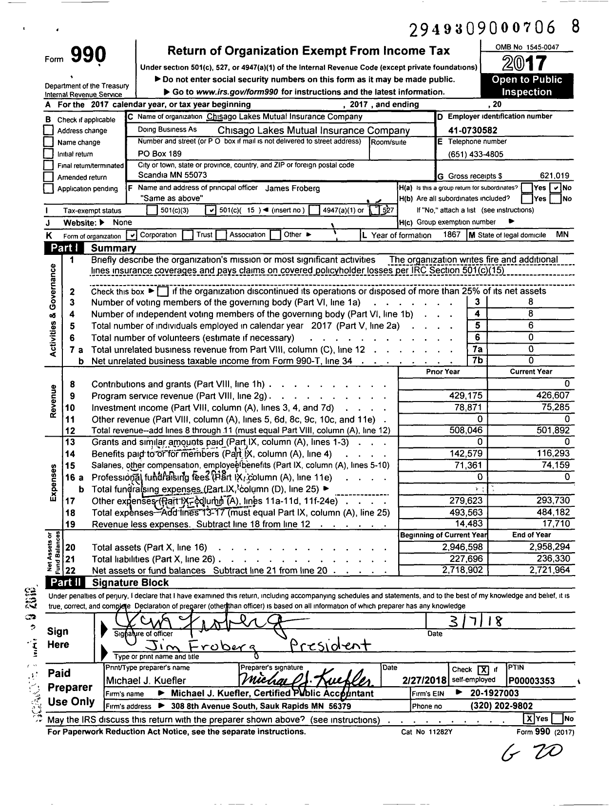 Image of first page of 2017 Form 990O for Chisago Lakes Mutual Insurance