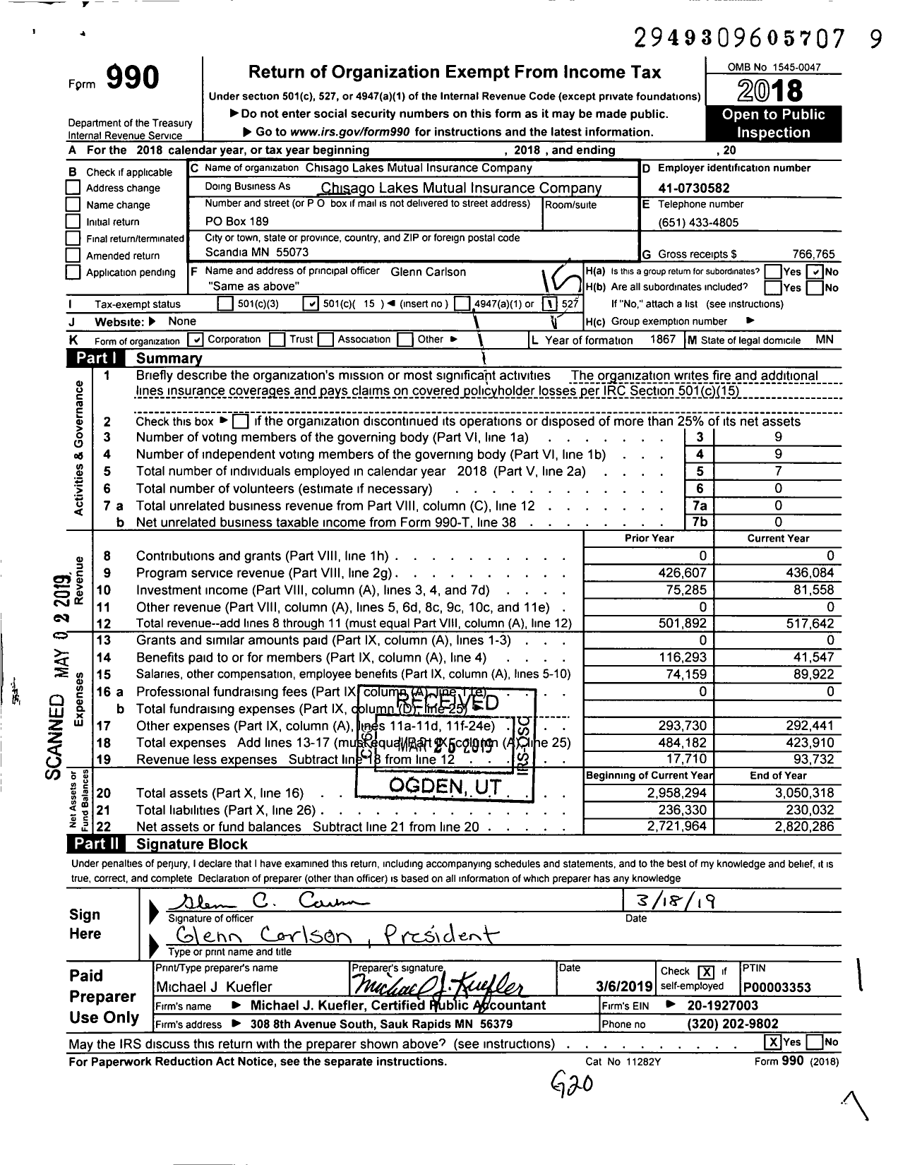 Image of first page of 2018 Form 990O for Chisago Lakes Mutual Insurance