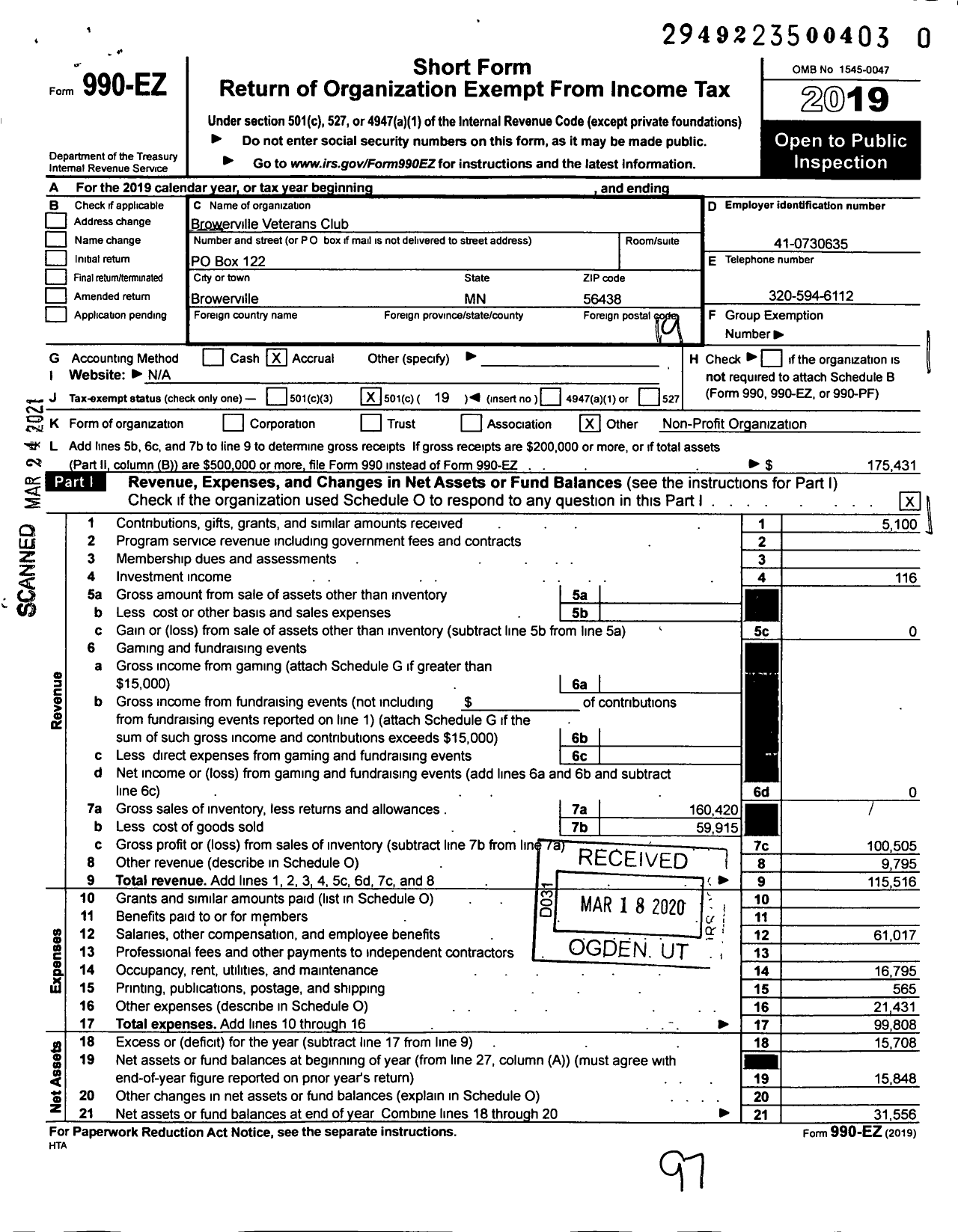 Image of first page of 2019 Form 990EO for MN VFW - Post 8391 Browerville Vets Club