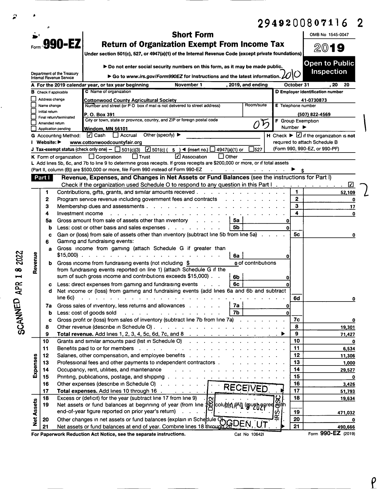 Image of first page of 2019 Form 990EO for Cottonwood County Agricultural Society