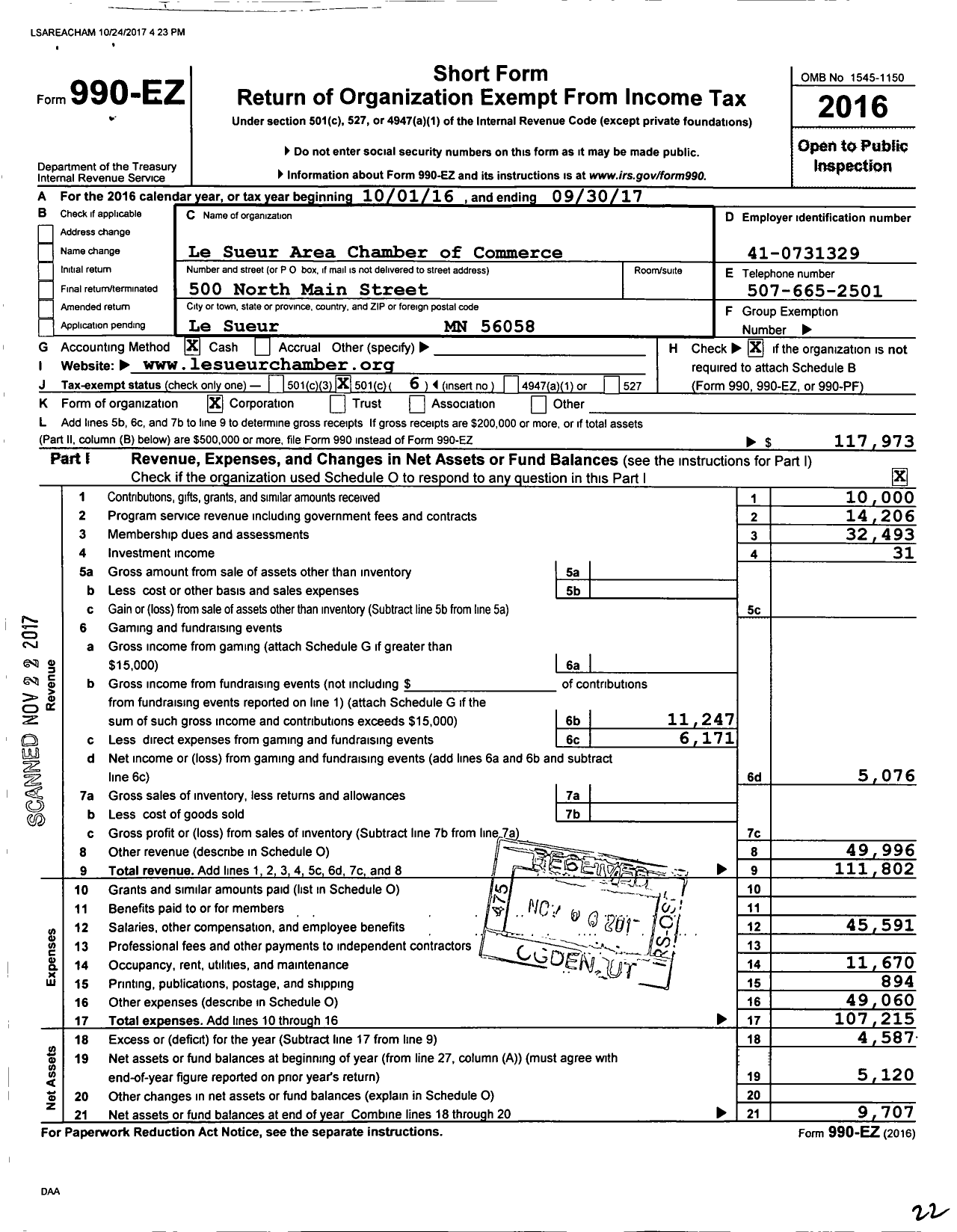 Image of first page of 2016 Form 990EO for Le Sueur Area Chamber of Commerce