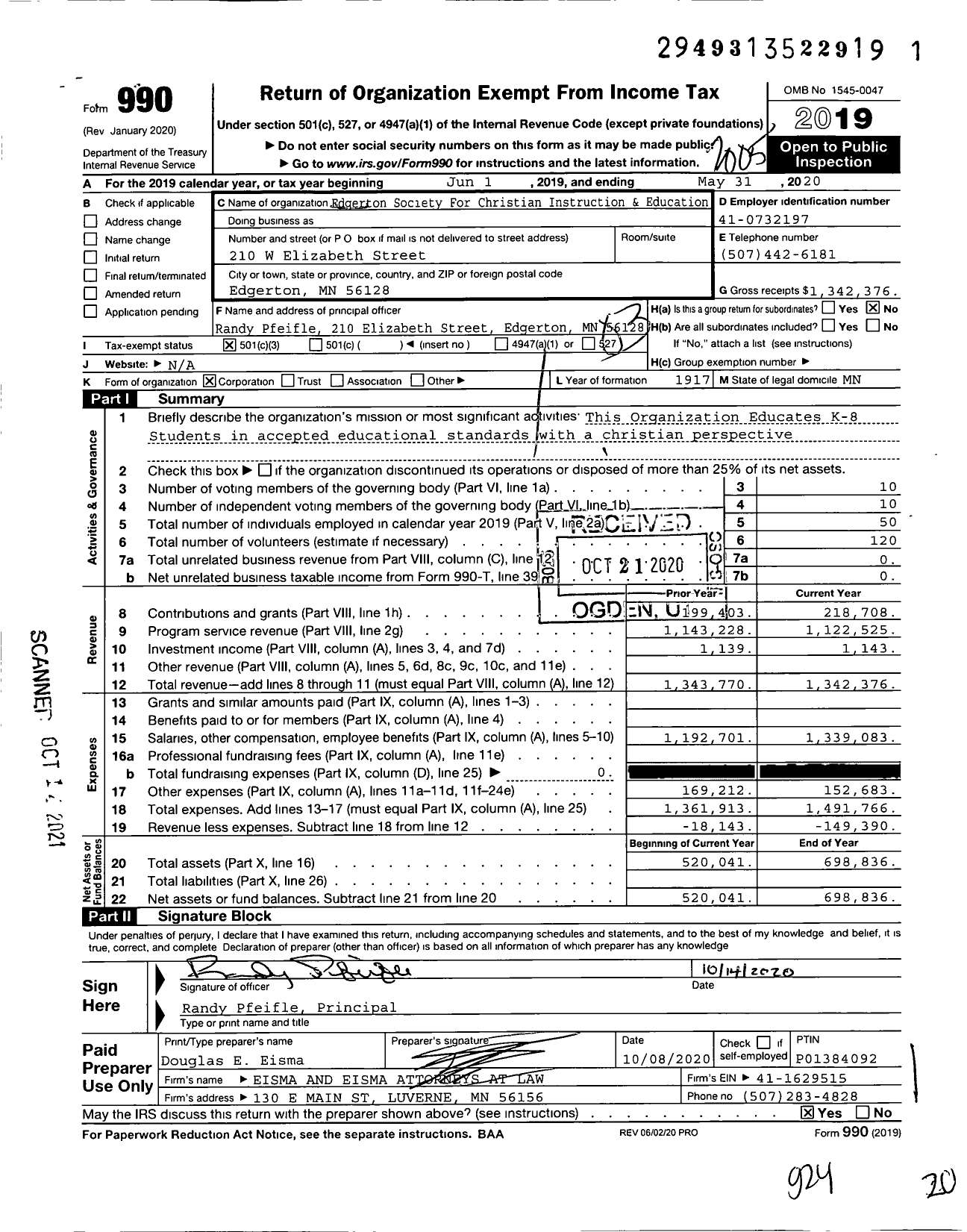 Image of first page of 2019 Form 990 for Southwest Minnesota Christian Schools