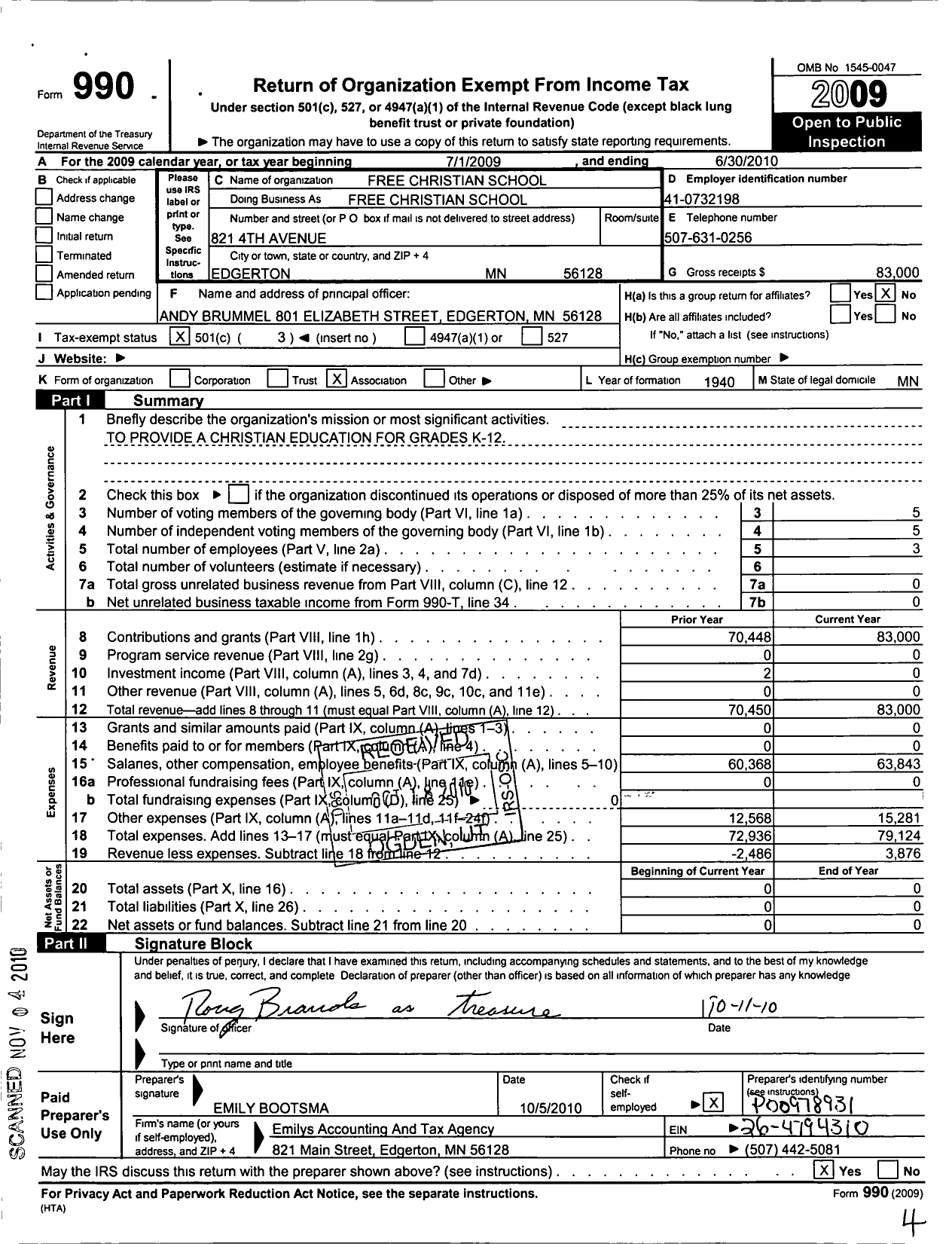 Image of first page of 2009 Form 990 for The Free Christian School Society of Edgerton MN