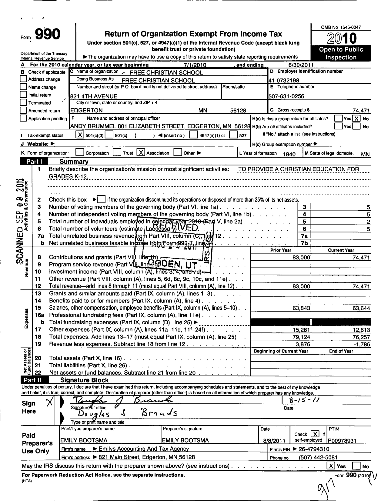 Image of first page of 2010 Form 990 for The Free Christian School Society of Edgerton MN