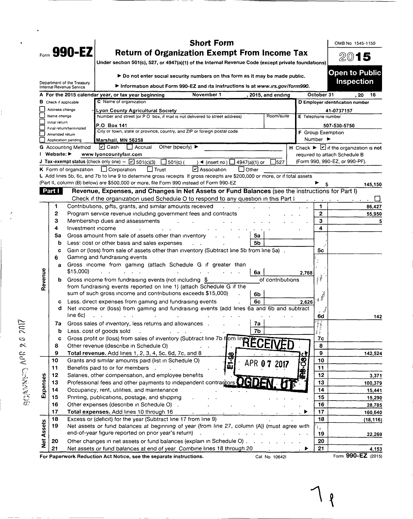 Image of first page of 2015 Form 990EZ for Lyon County Agricultural Society